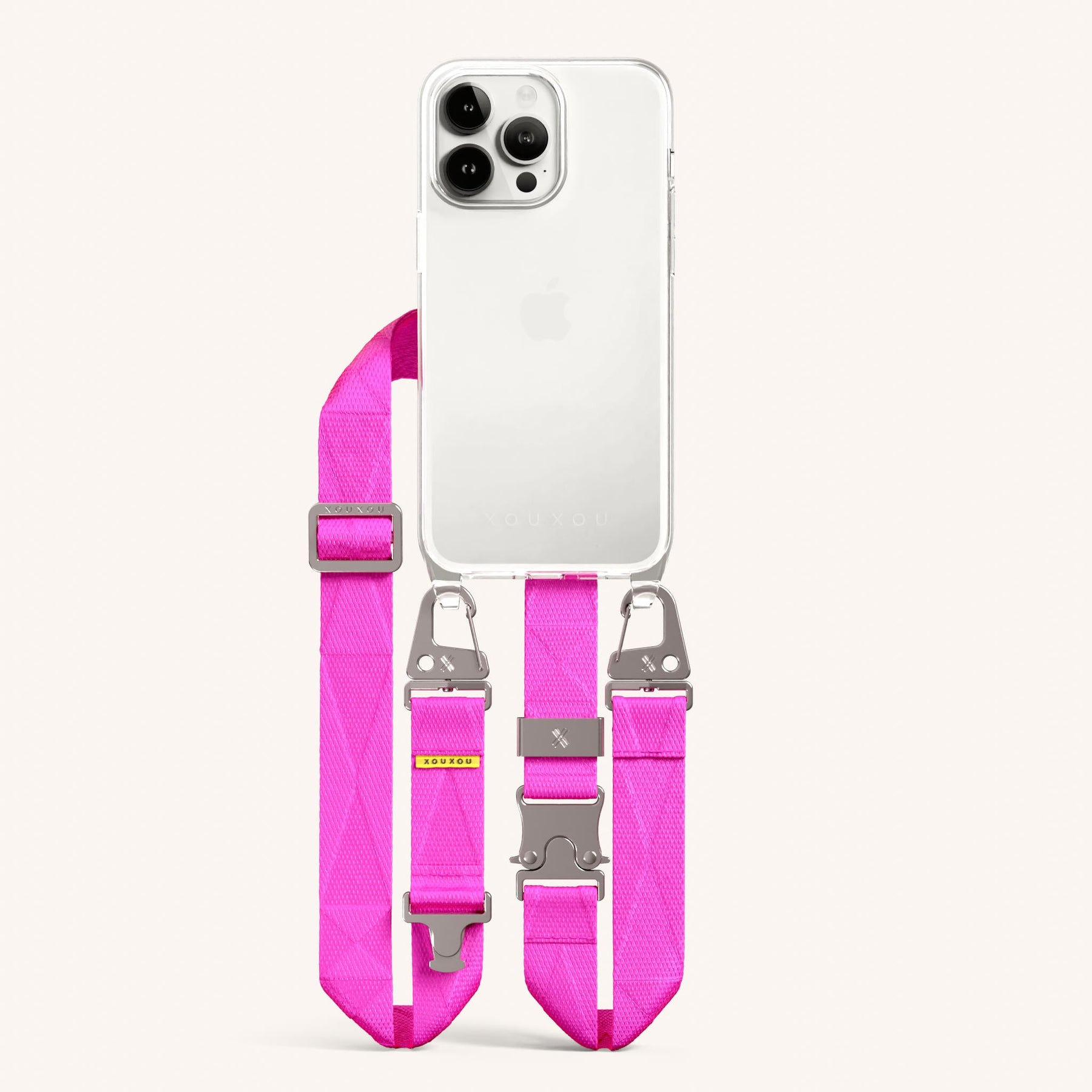 Phone Necklace with Lanyard in Clear + Neon Pink
