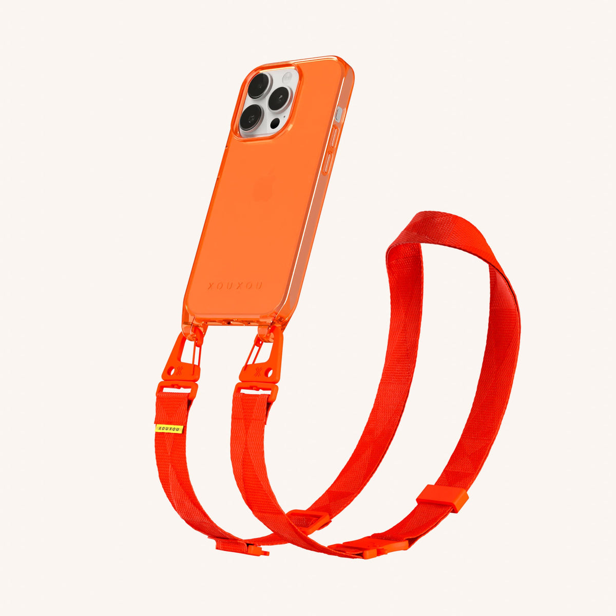 Clear Phone Necklace with Lanyard for iPhone 15 Pro without MagSafe in Neon Orange Clear Perspective View | XOUXOU #phone model_iphone 15 pro