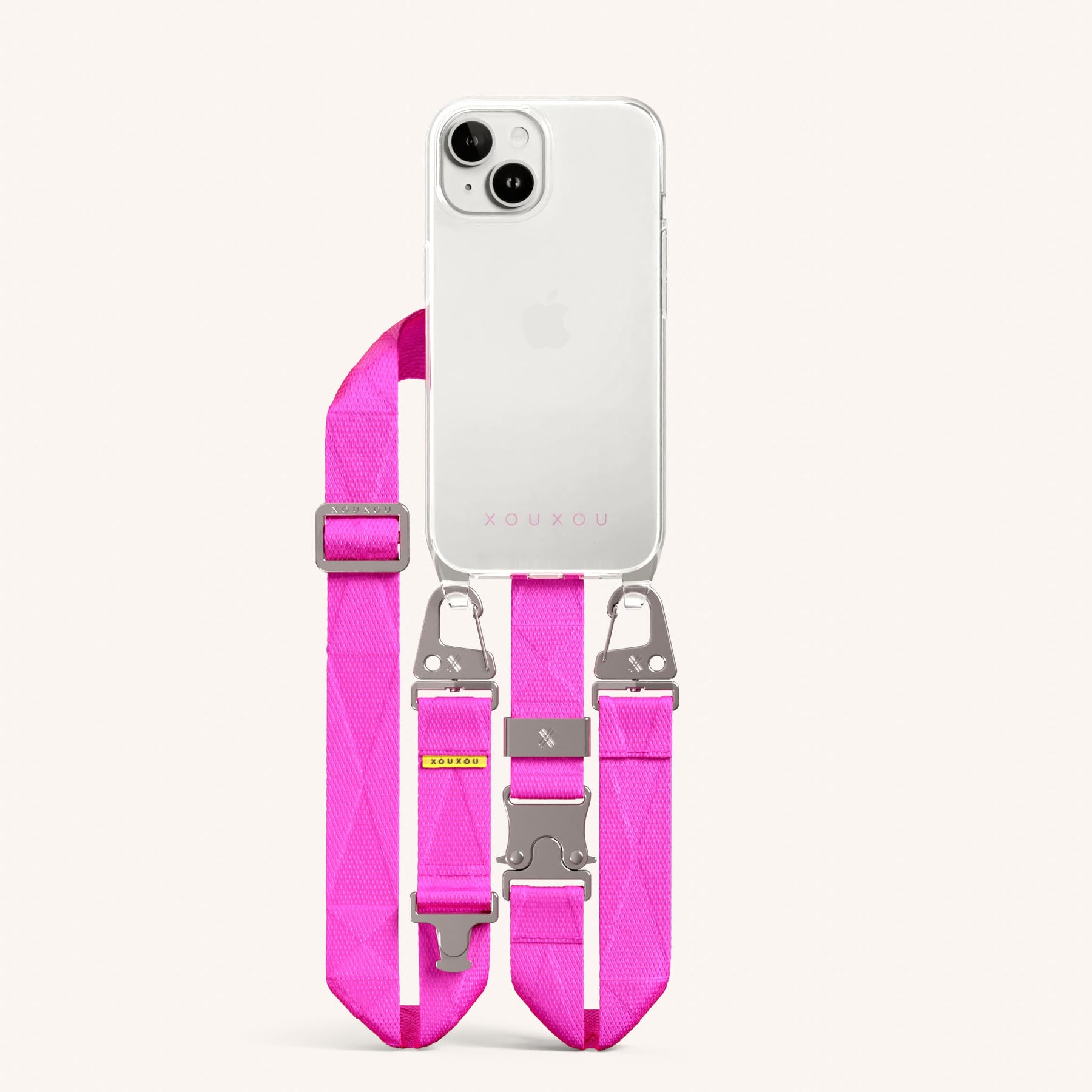 Phone Necklace with Lanyard in Clear + Neon Pink