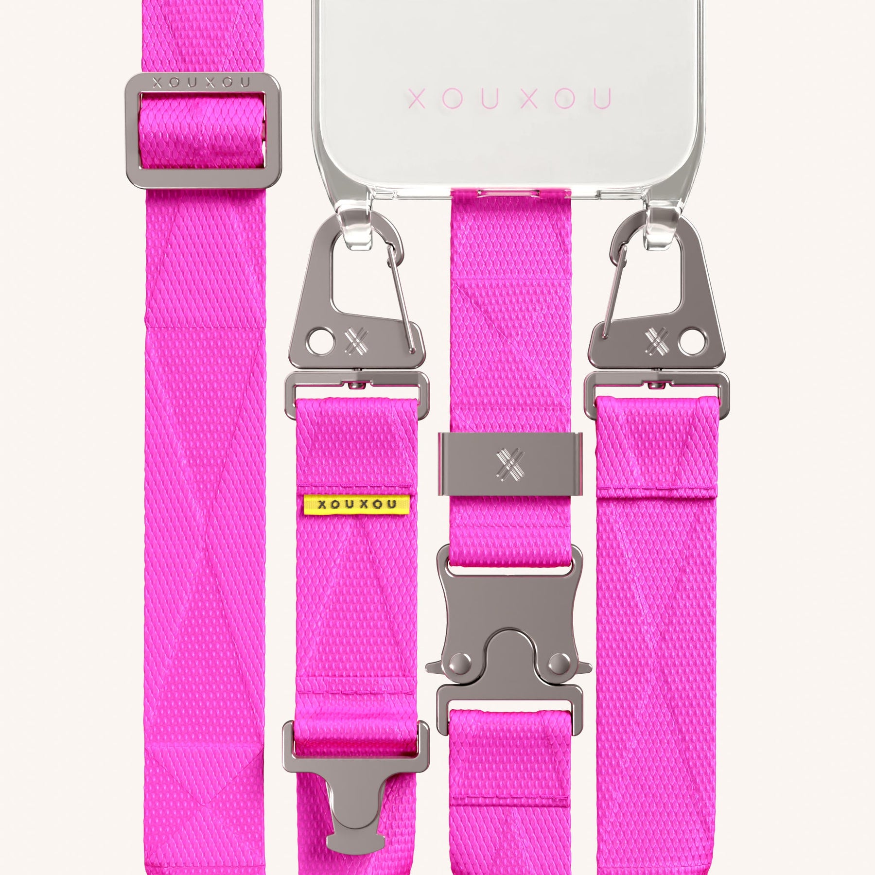 Phone Necklace with Lanyard in Clear + Neon Pink
