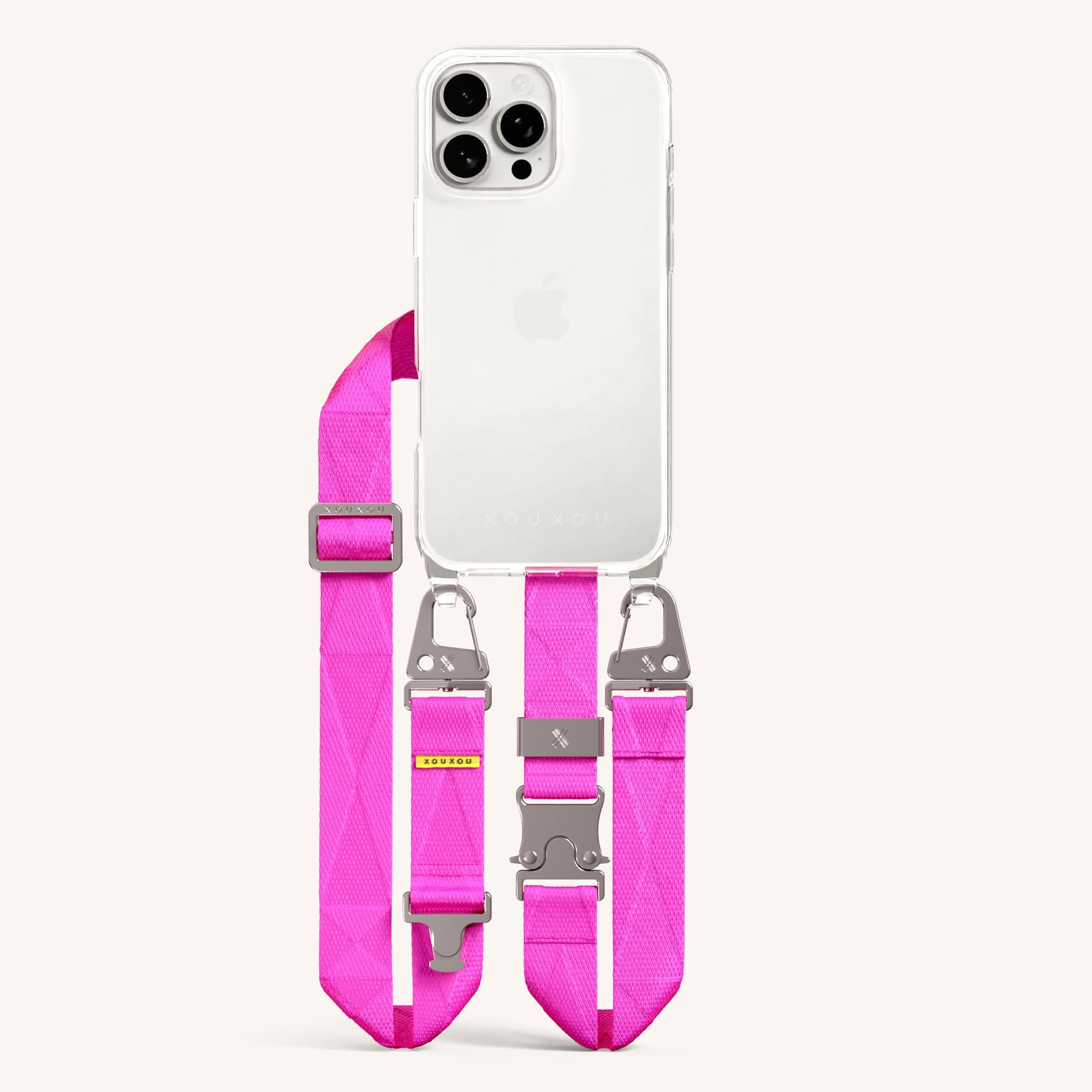 Phone Necklace with Lanyard in Clear + Neon Pink