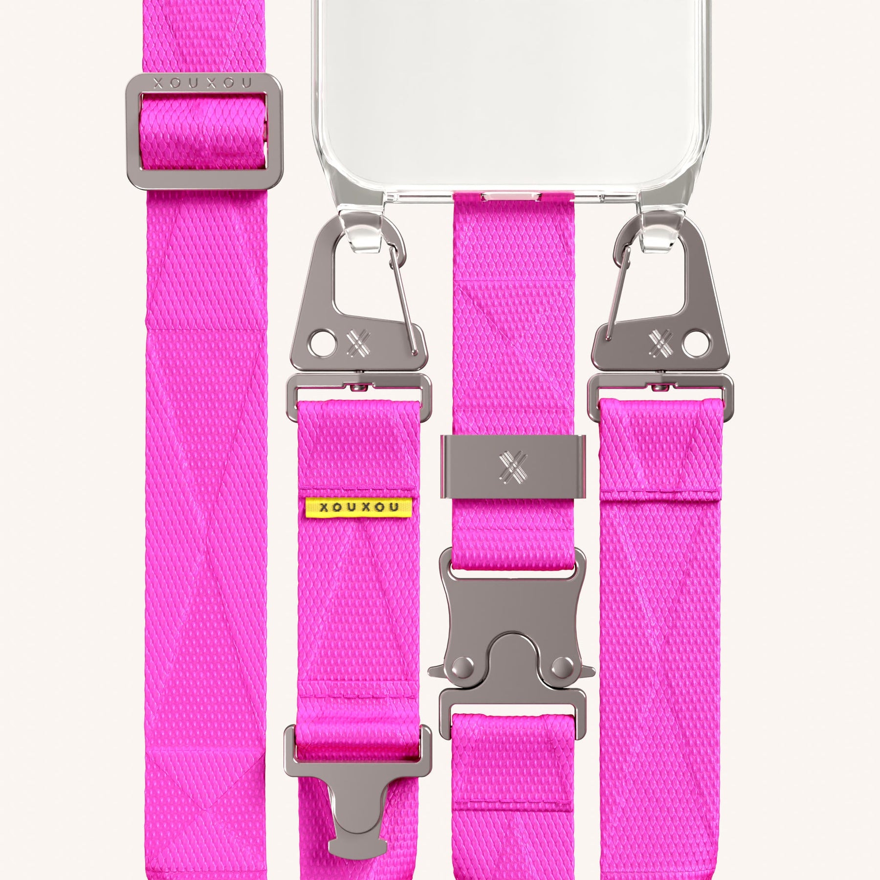 Phone Necklace with Lanyard in Clear + Neon Pink