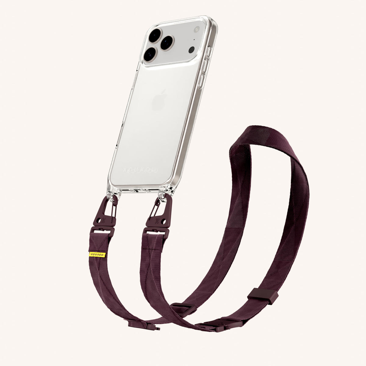 Phone Necklace with Lanyard for iPhone 18 Pro Max without MagSafe in Clear + Burgundy Perspective View | XOUXOU #phone model_iphone 18 pro max