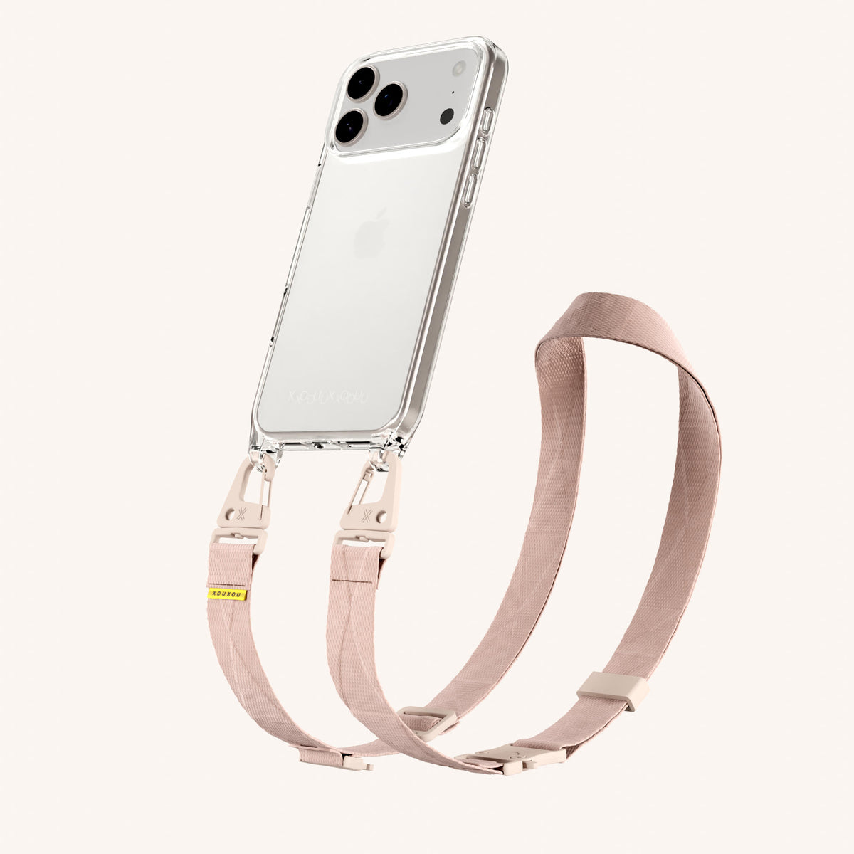 Phone Necklace with Lanyard for iPhone 18 Pro Max without MagSafe in Clear + Powder Pink Perspective View | XOUXOU #phone model_iphone 18 pro max