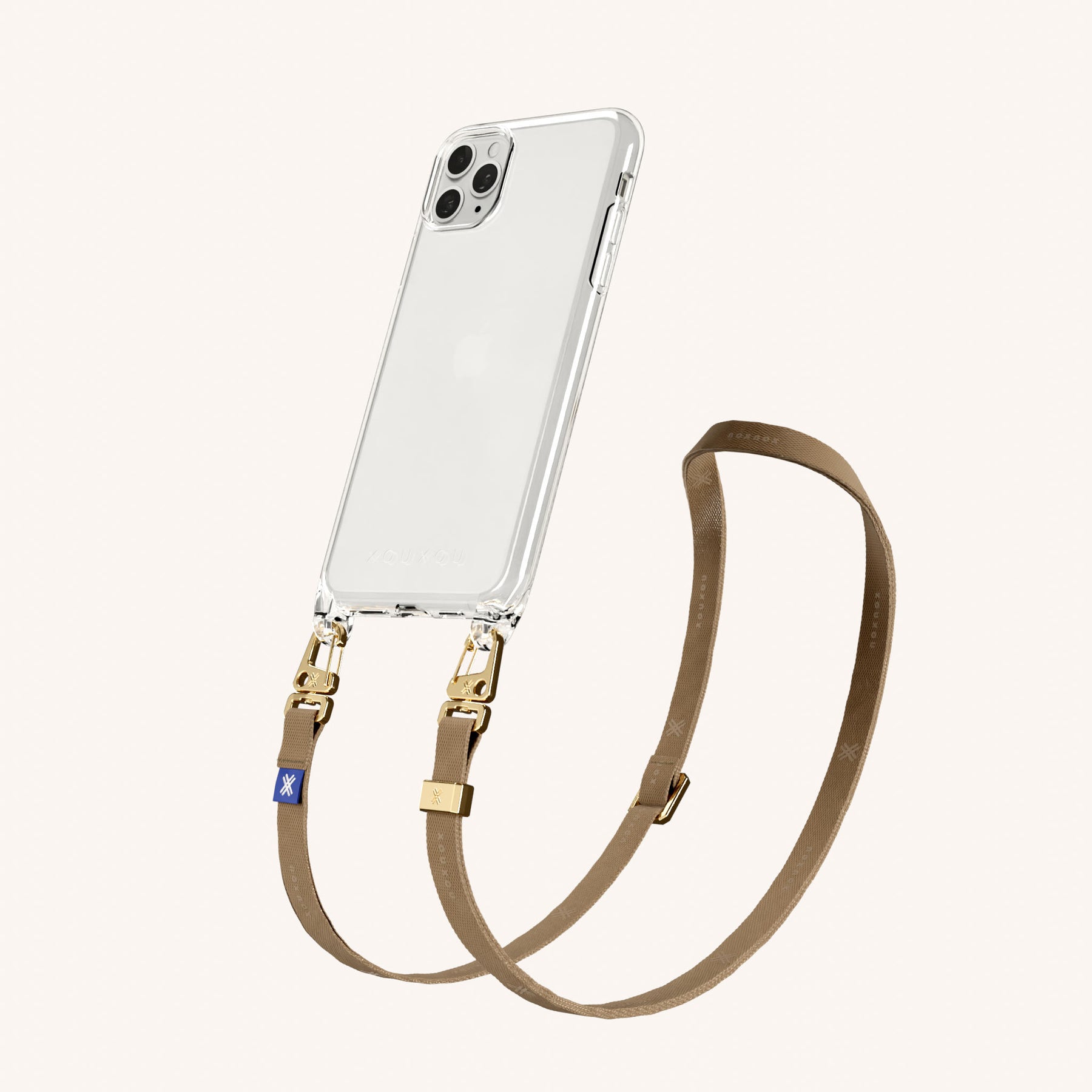 Handykette mit schmalem Gurt in Transparent + Taupe