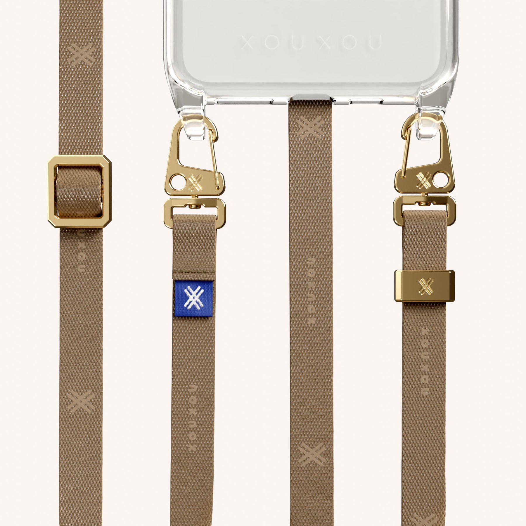 Handykette mit schmalem Gurt in Transparent + Taupe