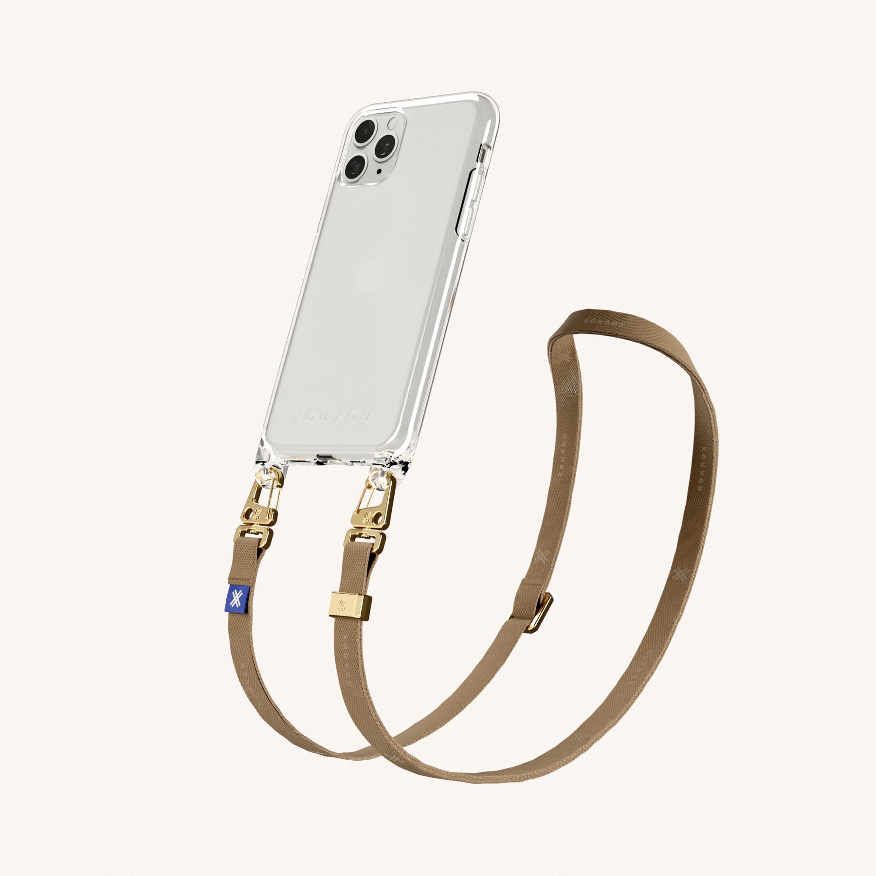 Handykette mit schmalem Gurt in Transparent + Taupe