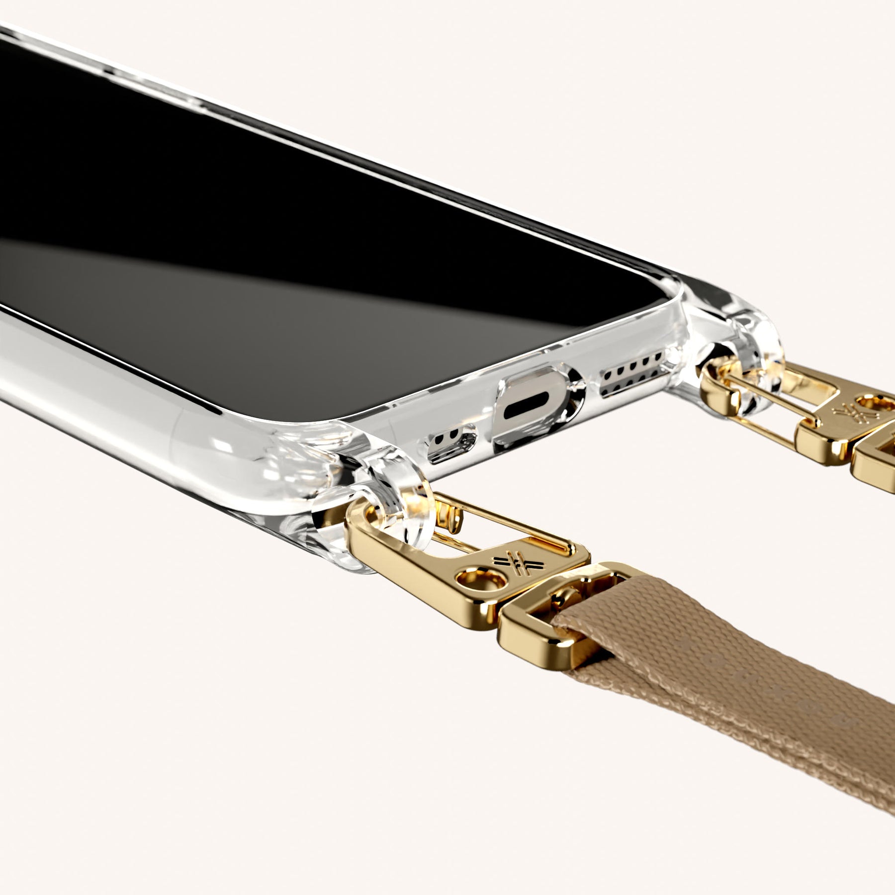 Handykette mit schmalem Gurt in Transparent + Taupe