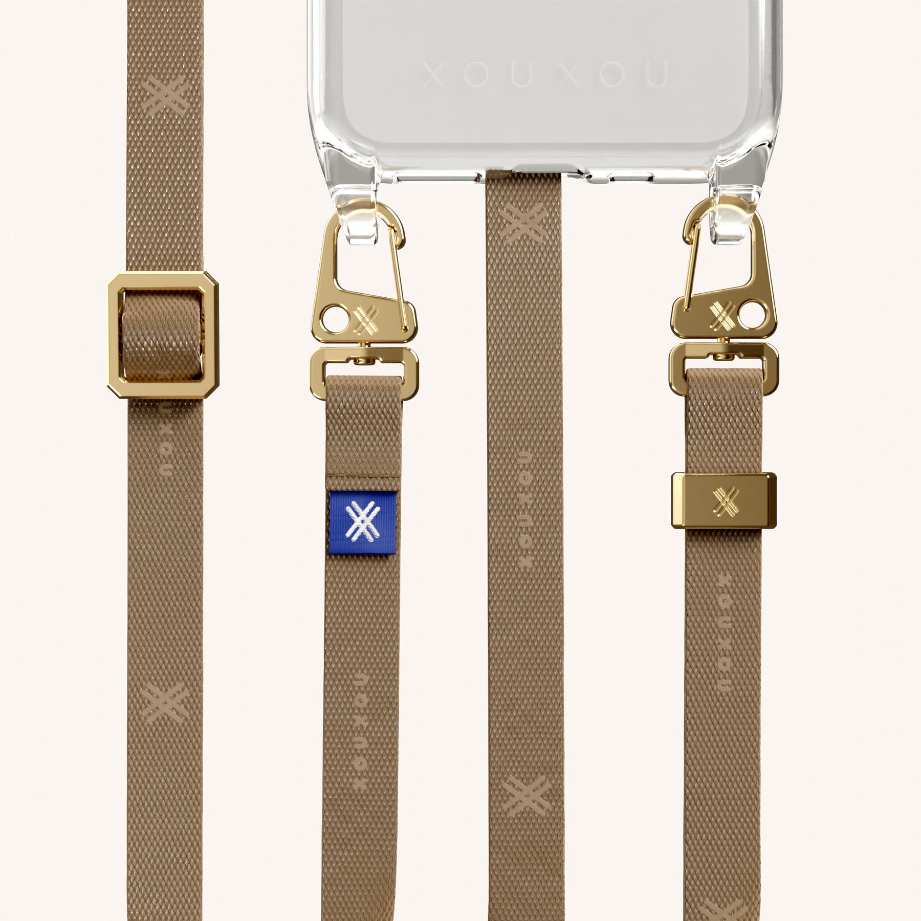 Handykette mit schmalem Gurt in Transparent + Taupe