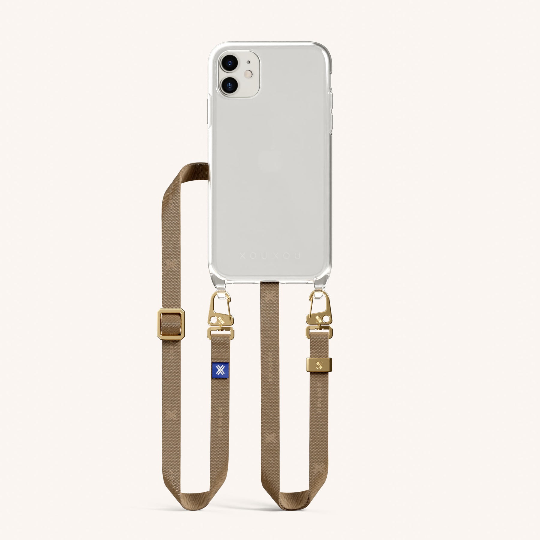 Handykette mit schmalem Gurt in Transparent + Taupe