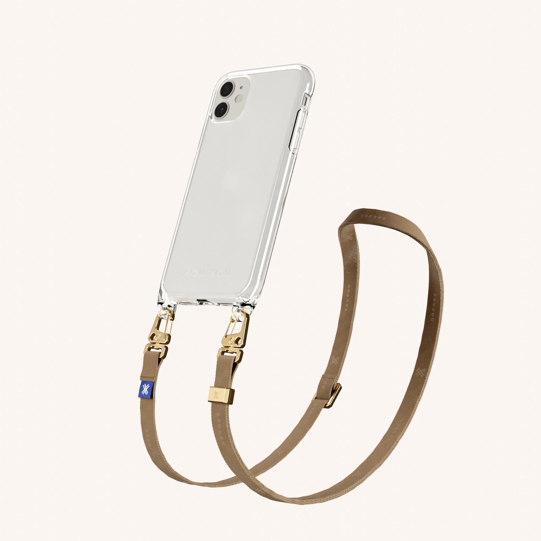 Handykette mit schmalem Gurt in Transparent + Taupe