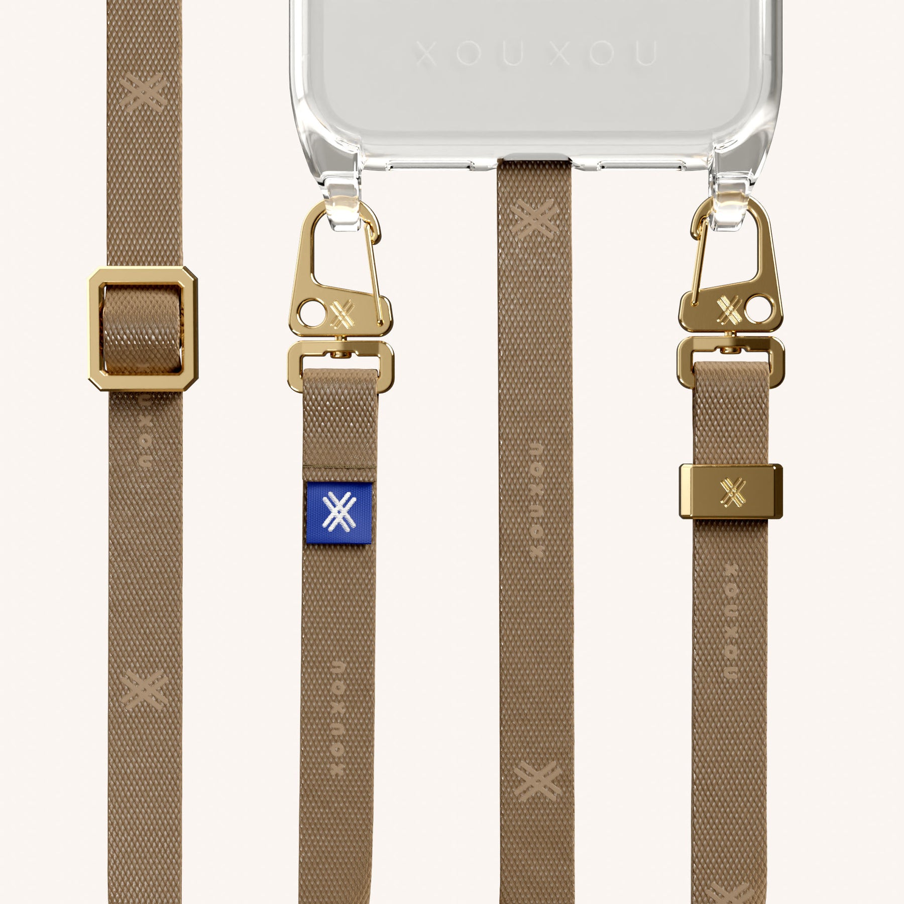 Handykette mit schmalem Gurt in Transparent + Taupe