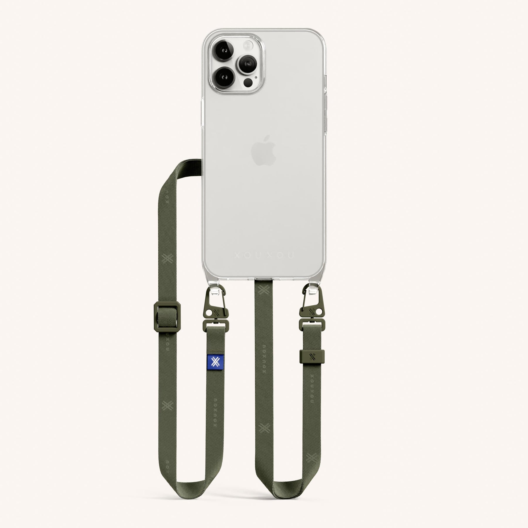 Handykette mit schmalem Gurt in Transparent + Moos