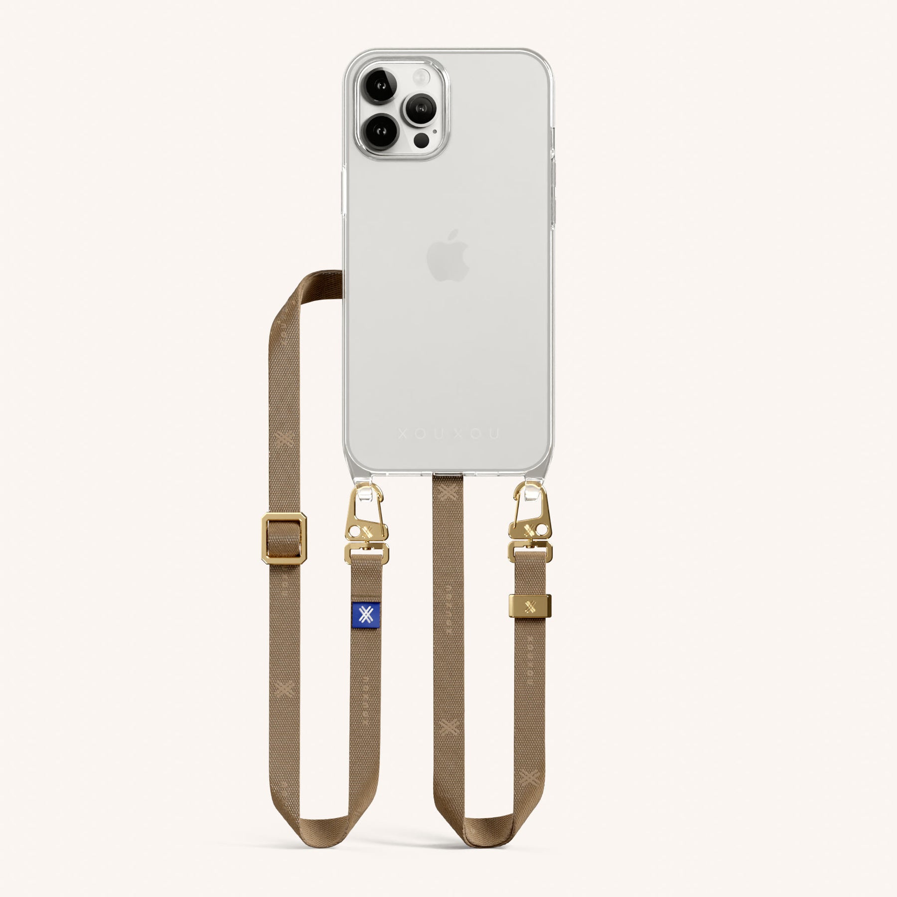 Handykette mit schmalem Gurt in Transparent + Taupe