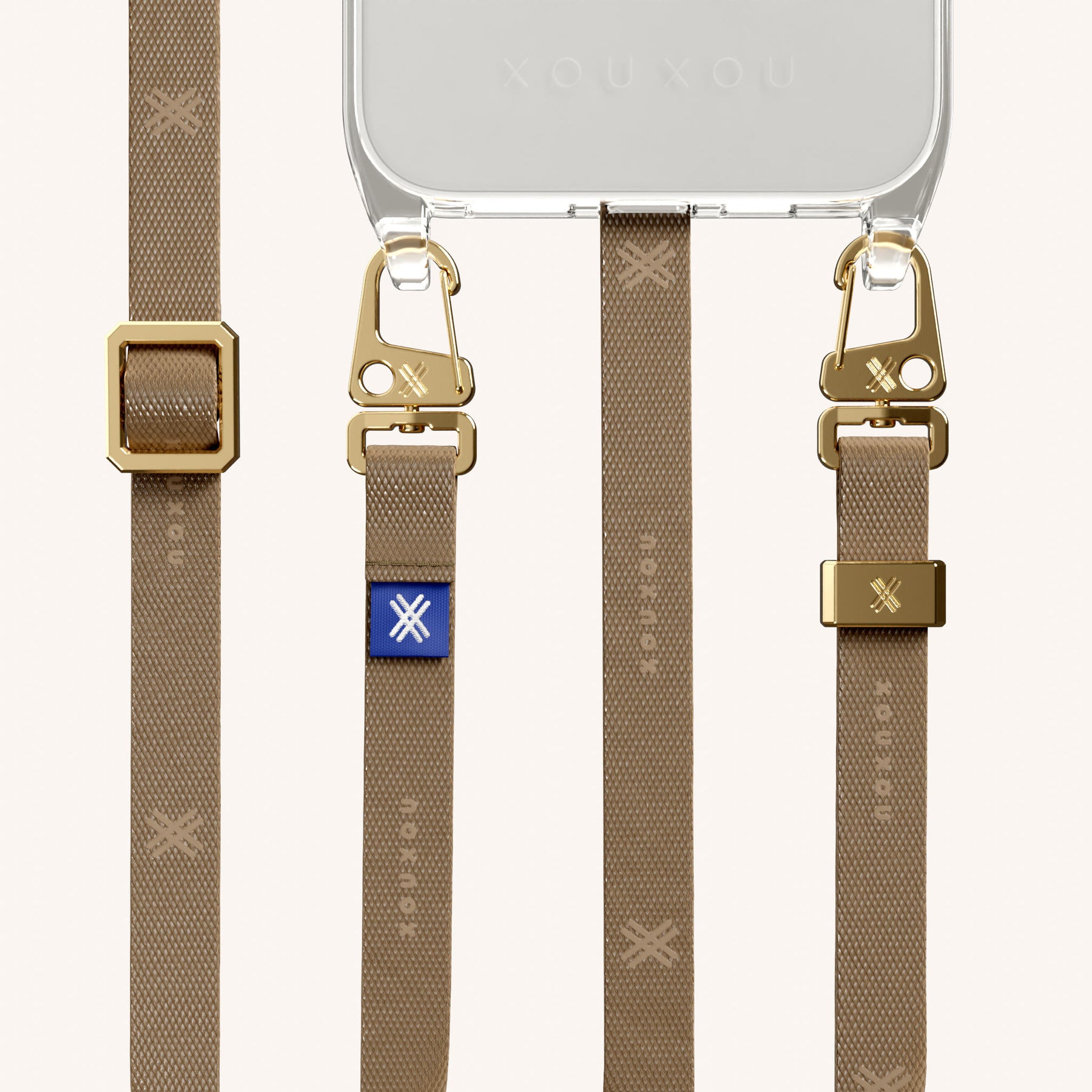 Handykette mit schmalem Gurt in Transparent + Taupe