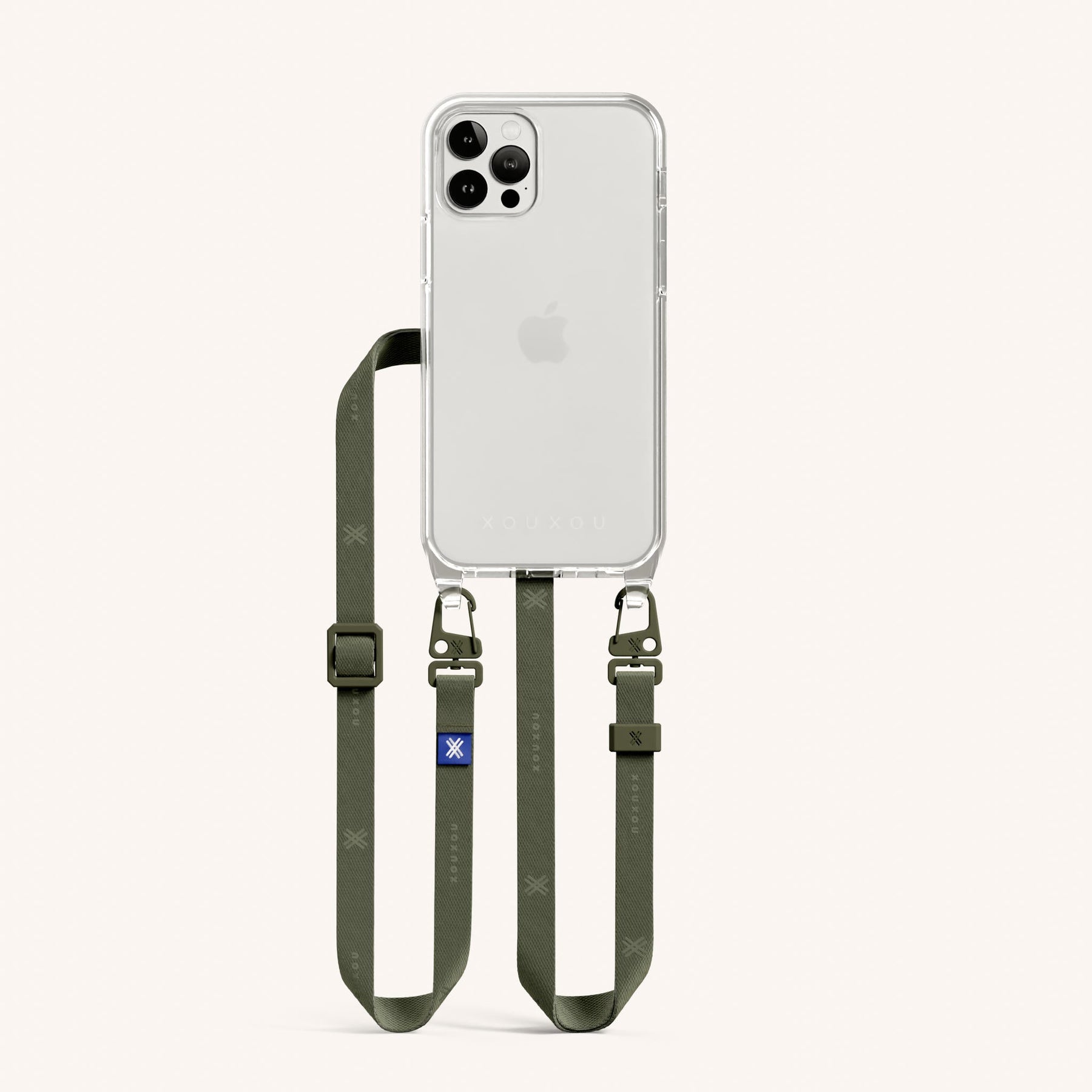 Handykette mit schmalem Gurt in Transparent + Moos