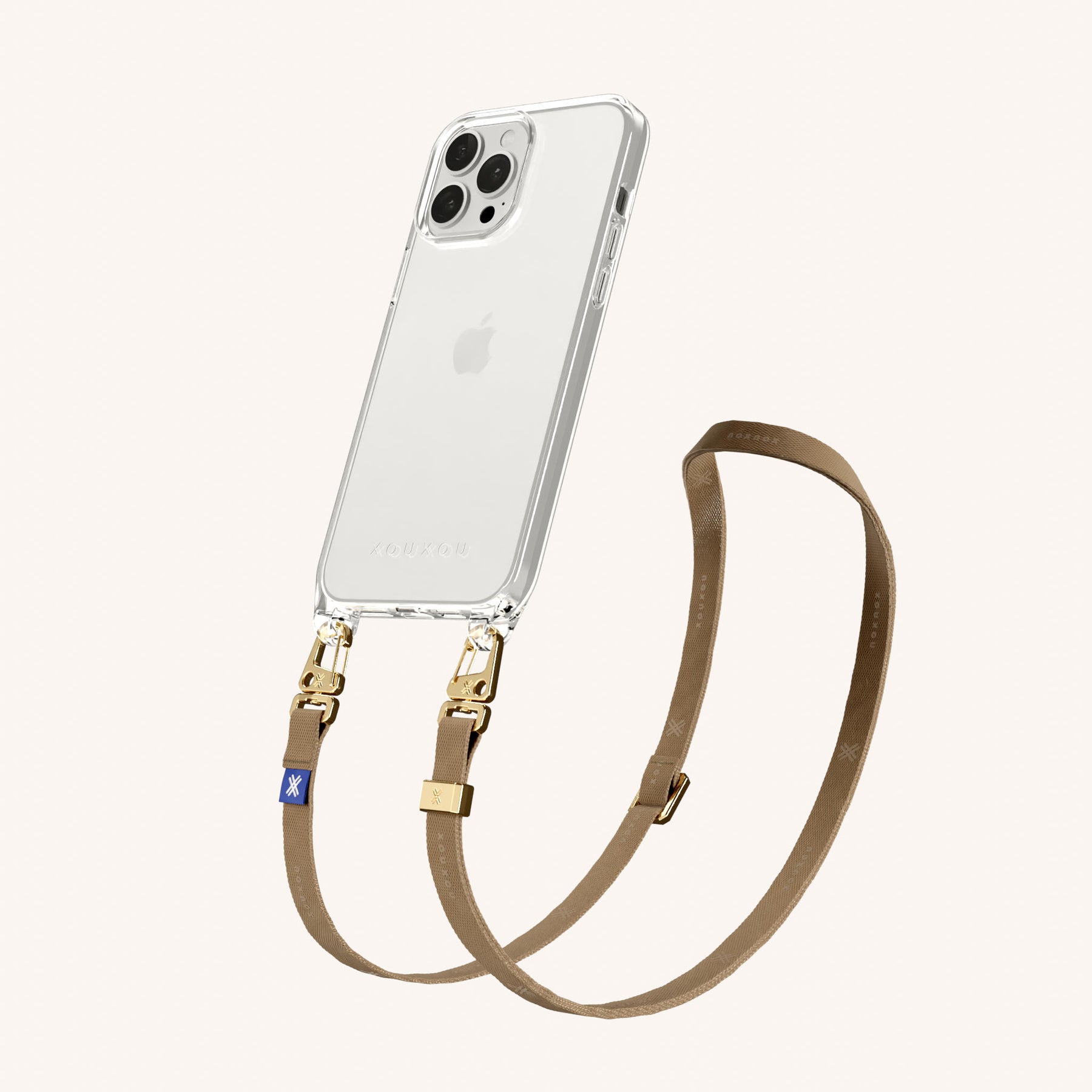 Handykette mit schmalem Gurt in Transparent + Taupe
