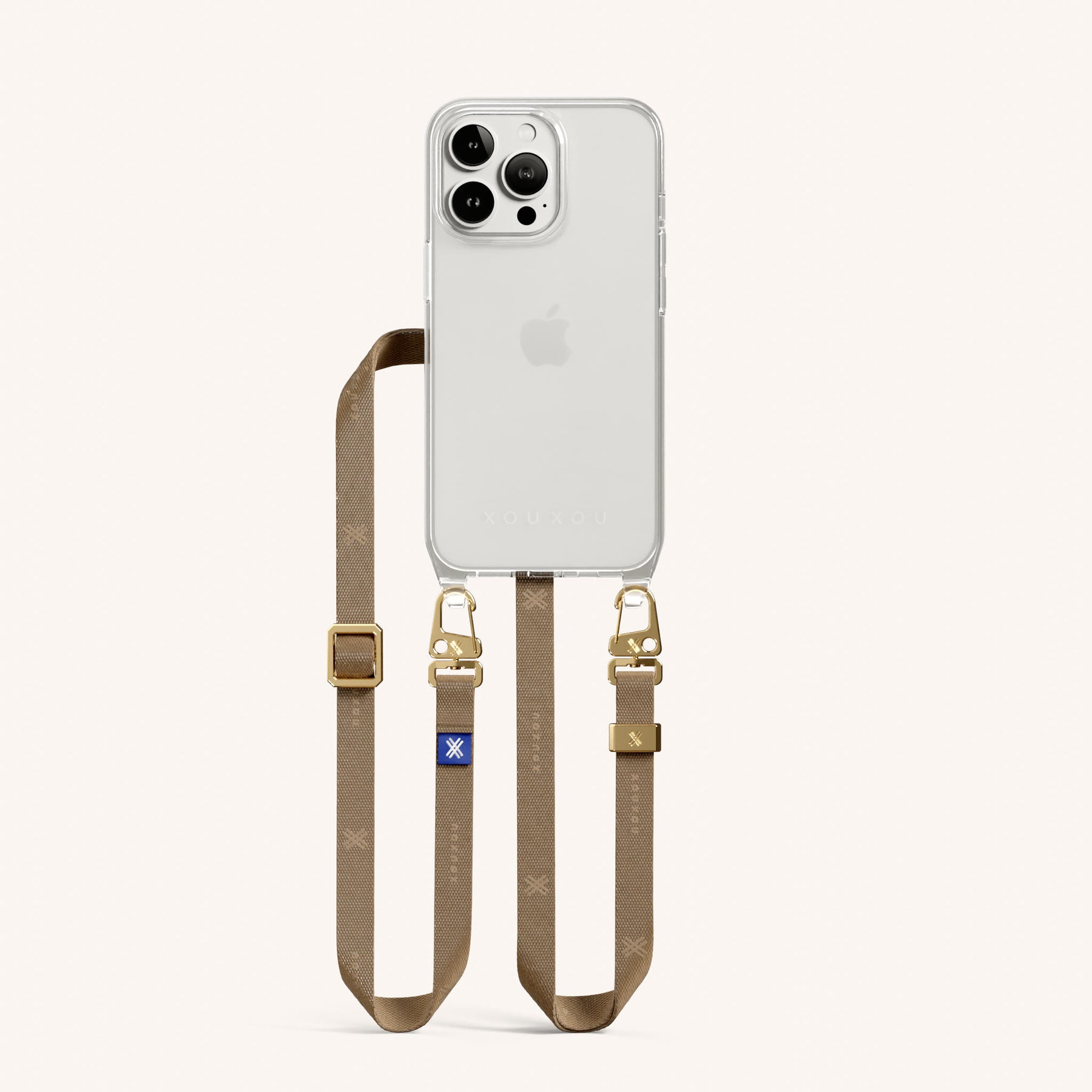 Handykette mit schmalem Gurt in Transparent + Taupe