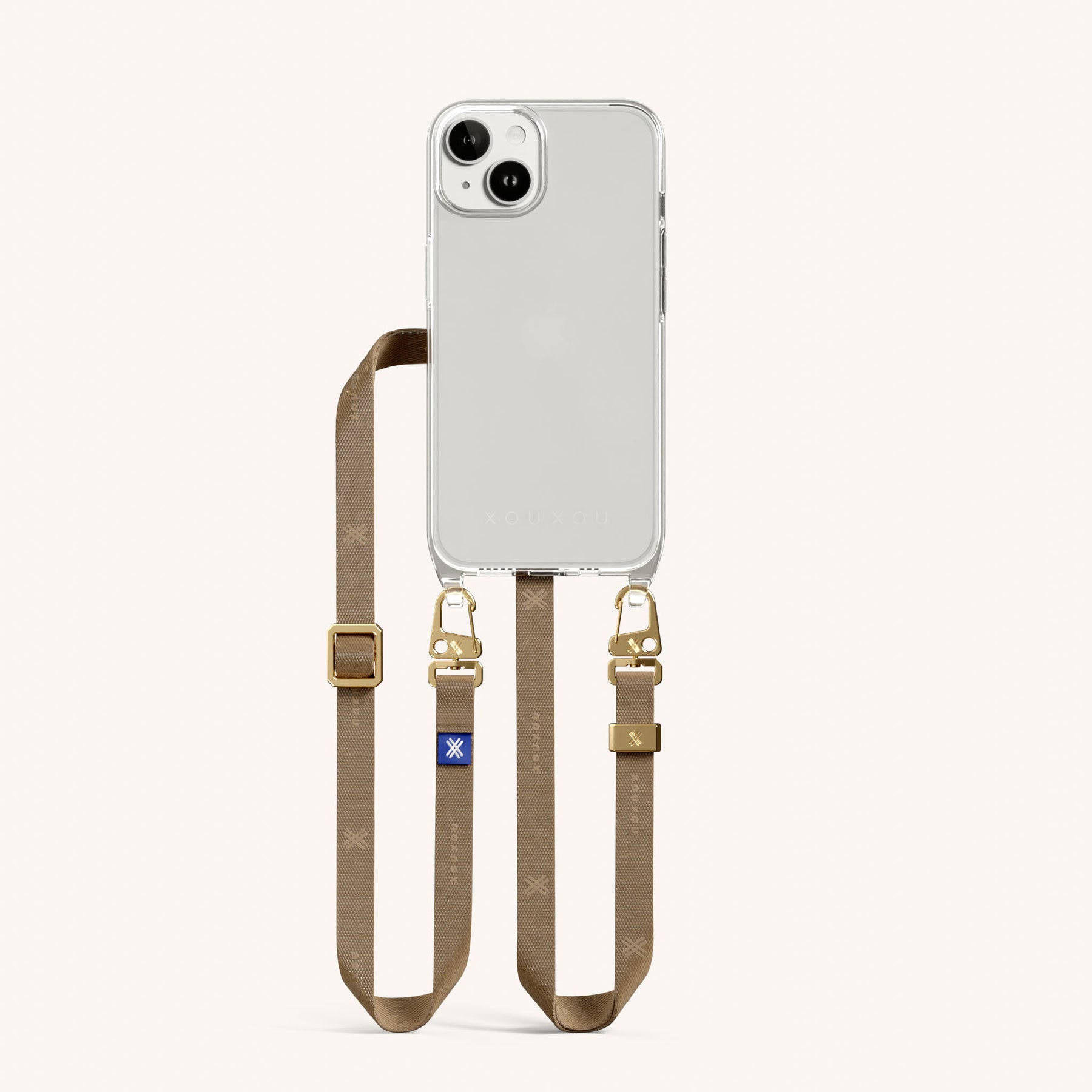 Handykette mit schmalem Gurt in Transparent + Taupe