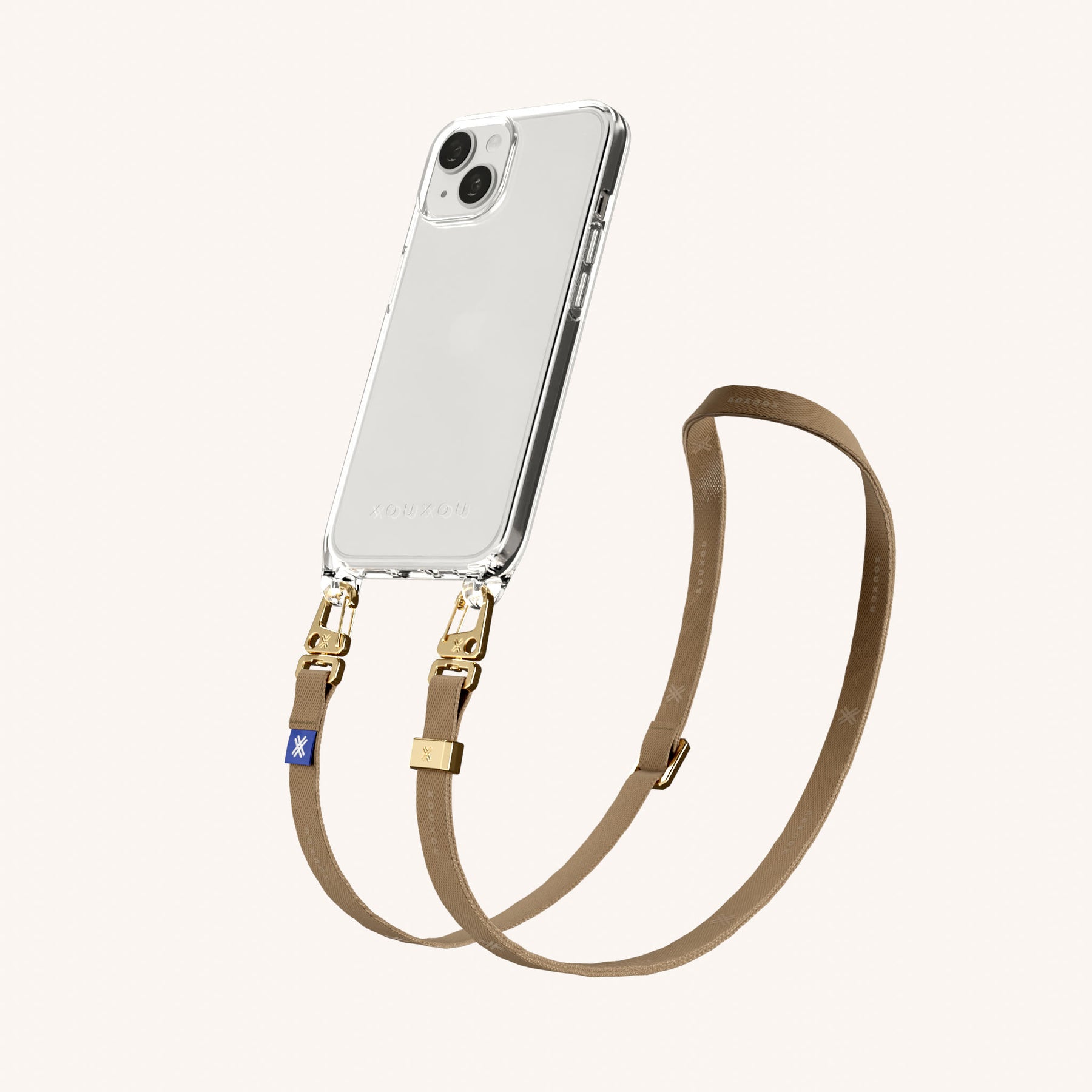 Handykette mit schmalem Gurt in Transparent + Taupe