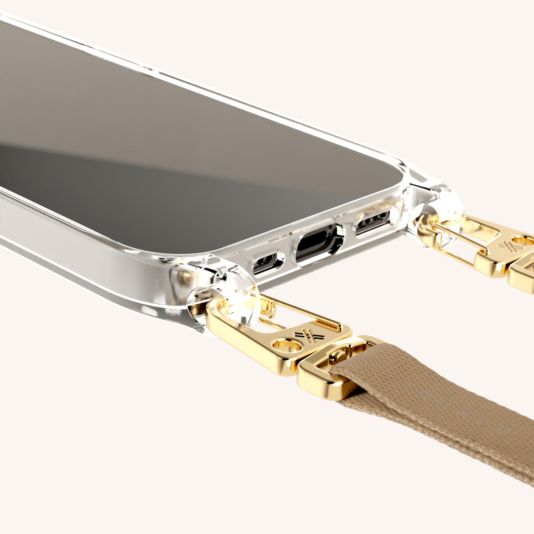 Handykette mit schmalem Gurt in Transparent + Taupe