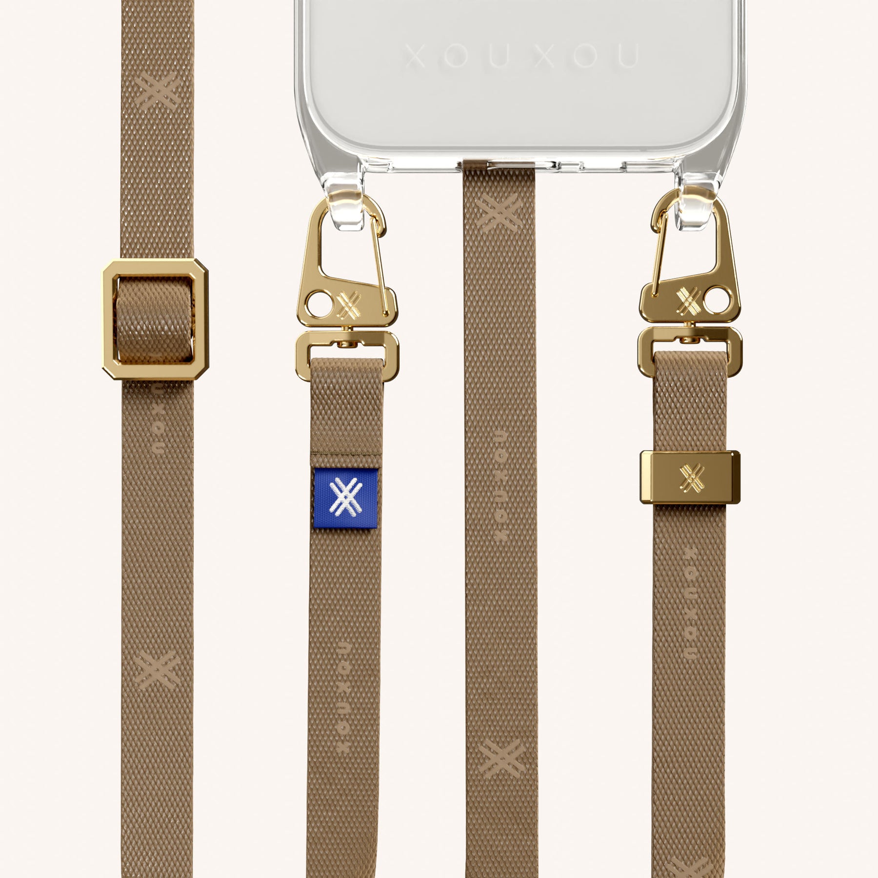 Handykette mit schmalem Gurt in Transparent + Taupe