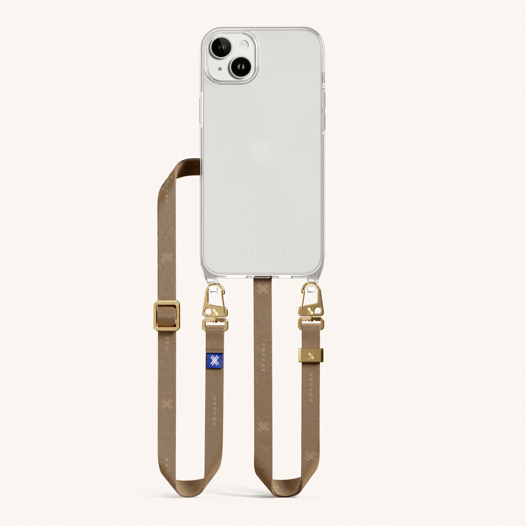 Handykette mit schmalem Gurt in Transparent + Taupe