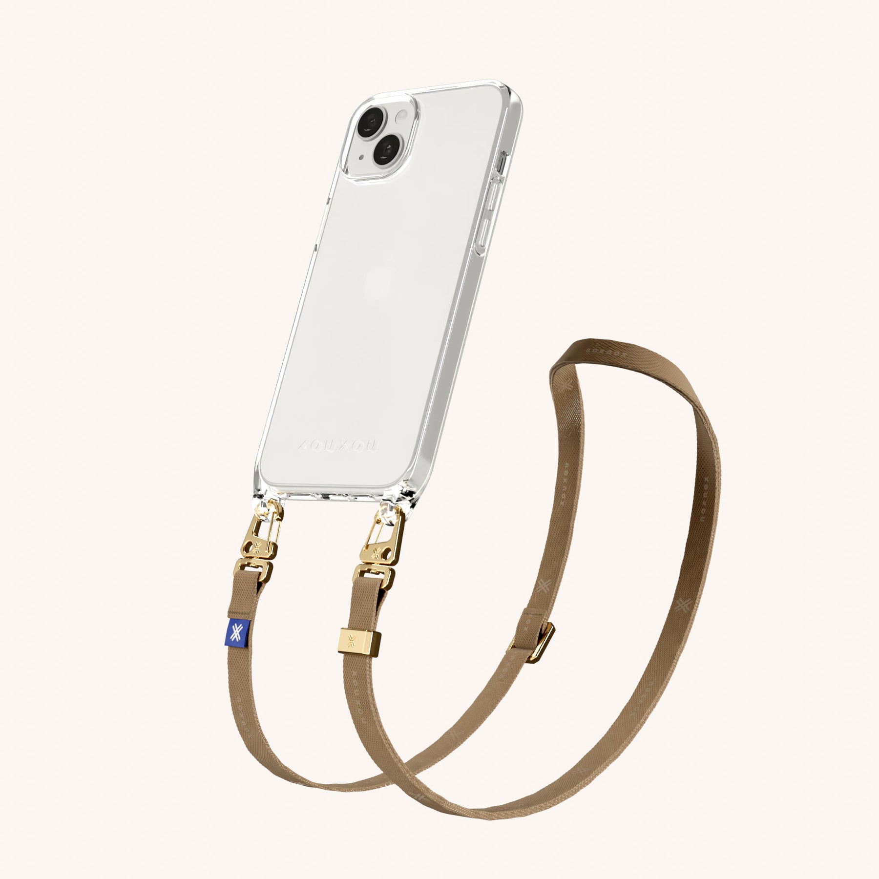 Handykette mit schmalem Gurt in Transparent + Taupe
