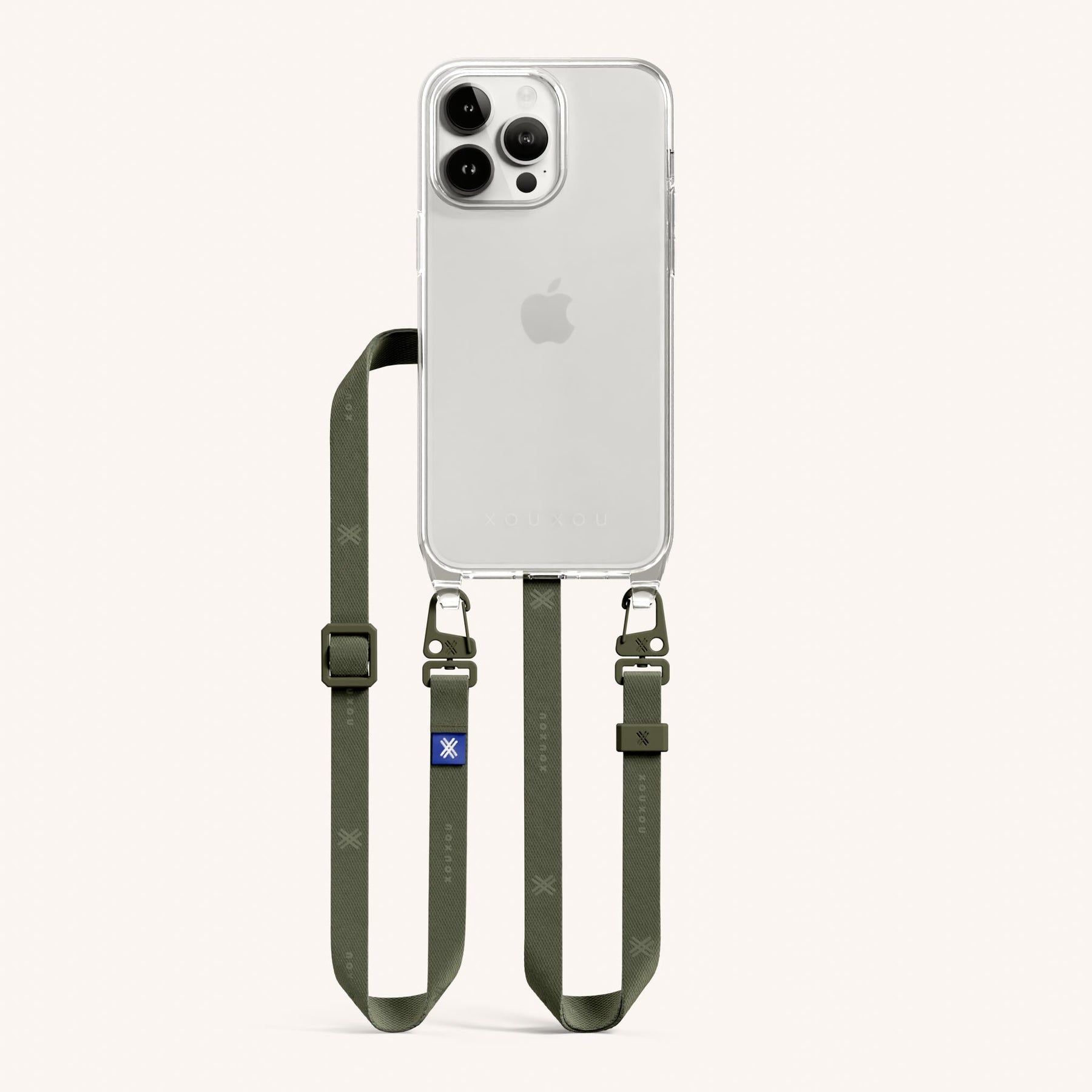 Handykette mit schmalem Gurt in Transparent + Moos