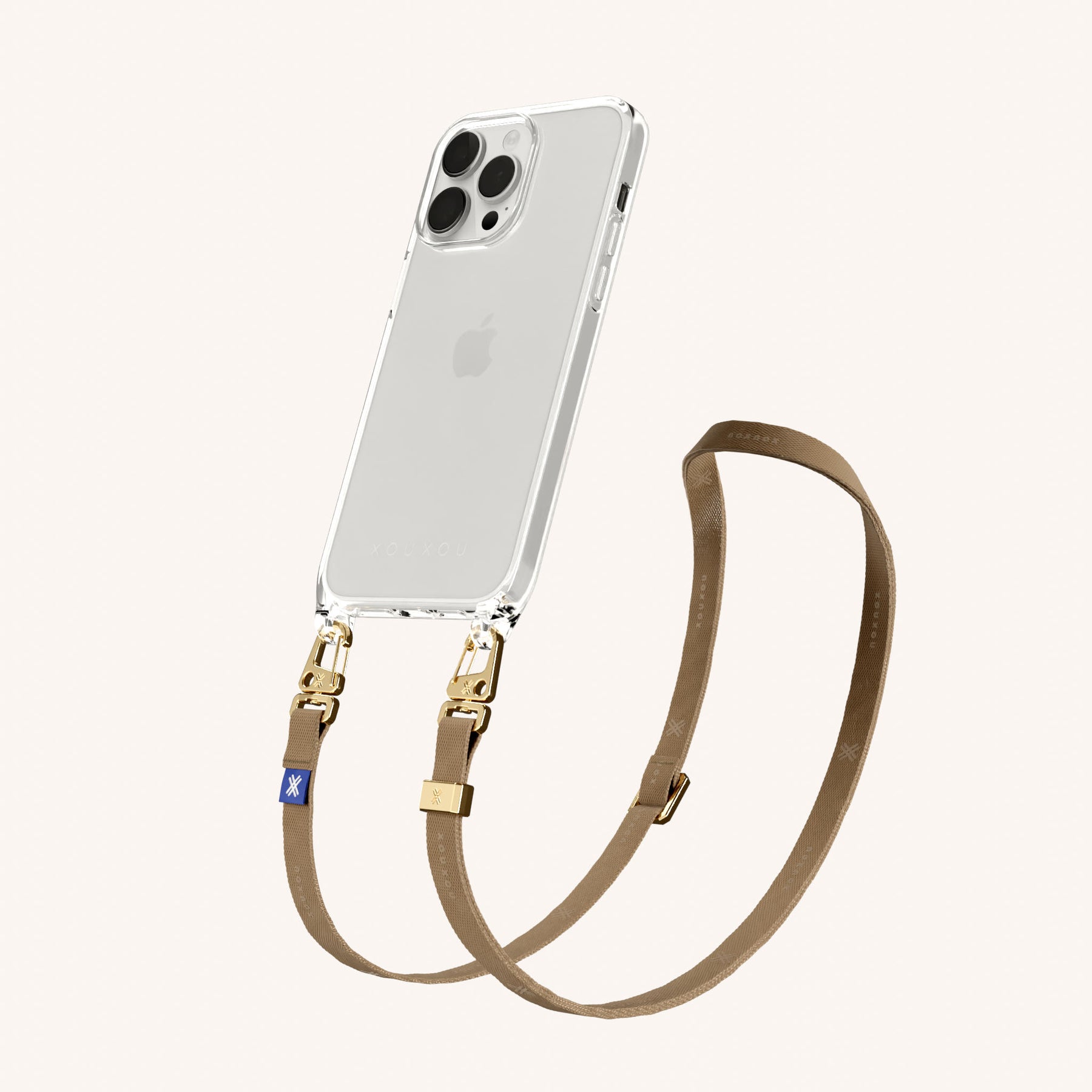 Handykette mit schmalem Gurt in Transparent + Taupe