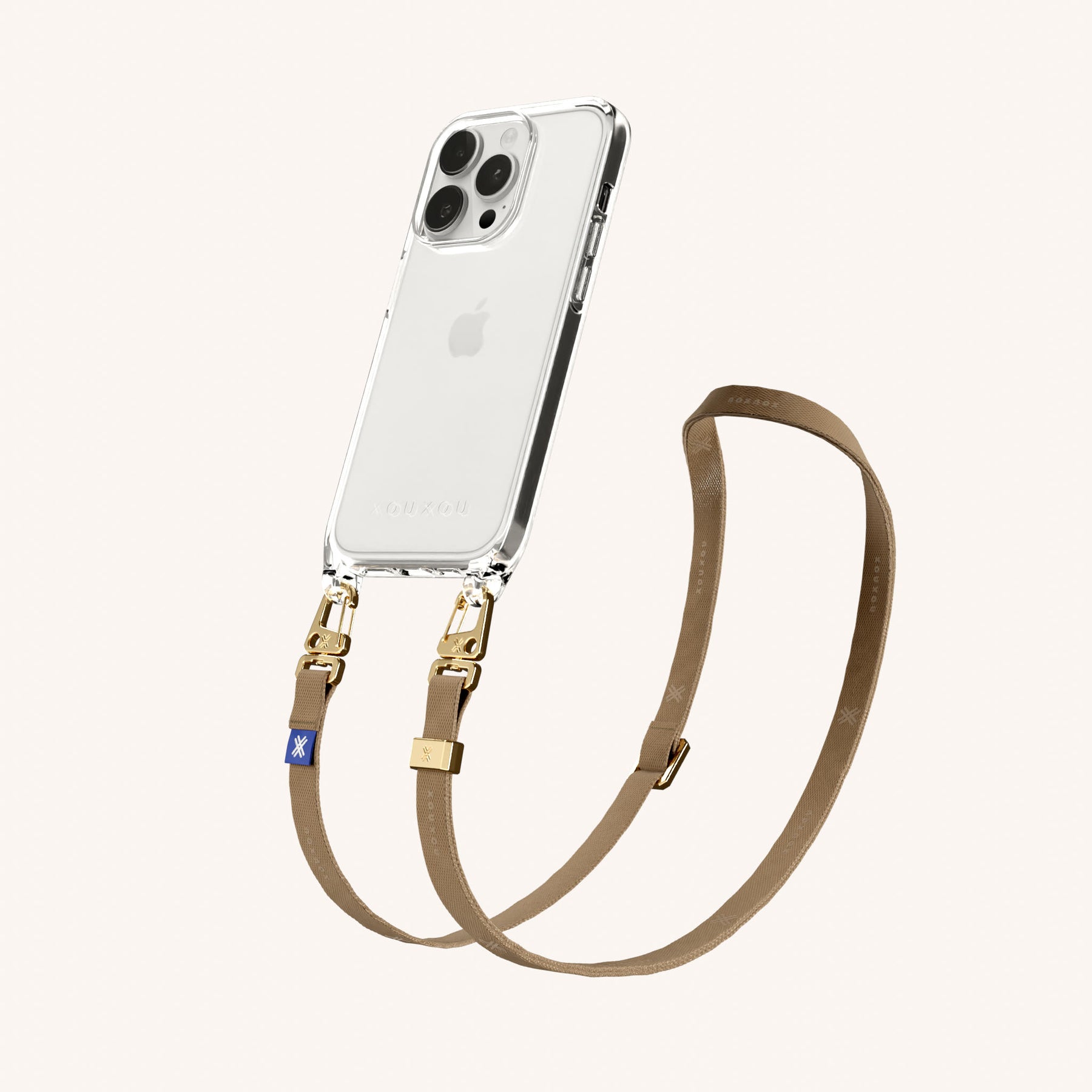 Handykette mit schmalem Gurt in Transparent + Taupe