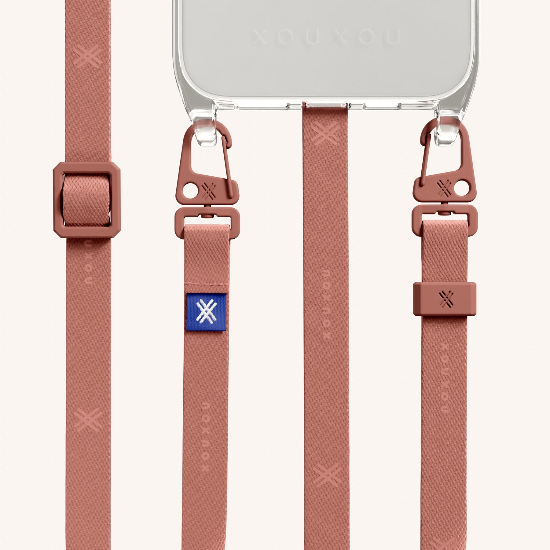 Handykette mit schmalem Gurt in Transparent + Terracotta