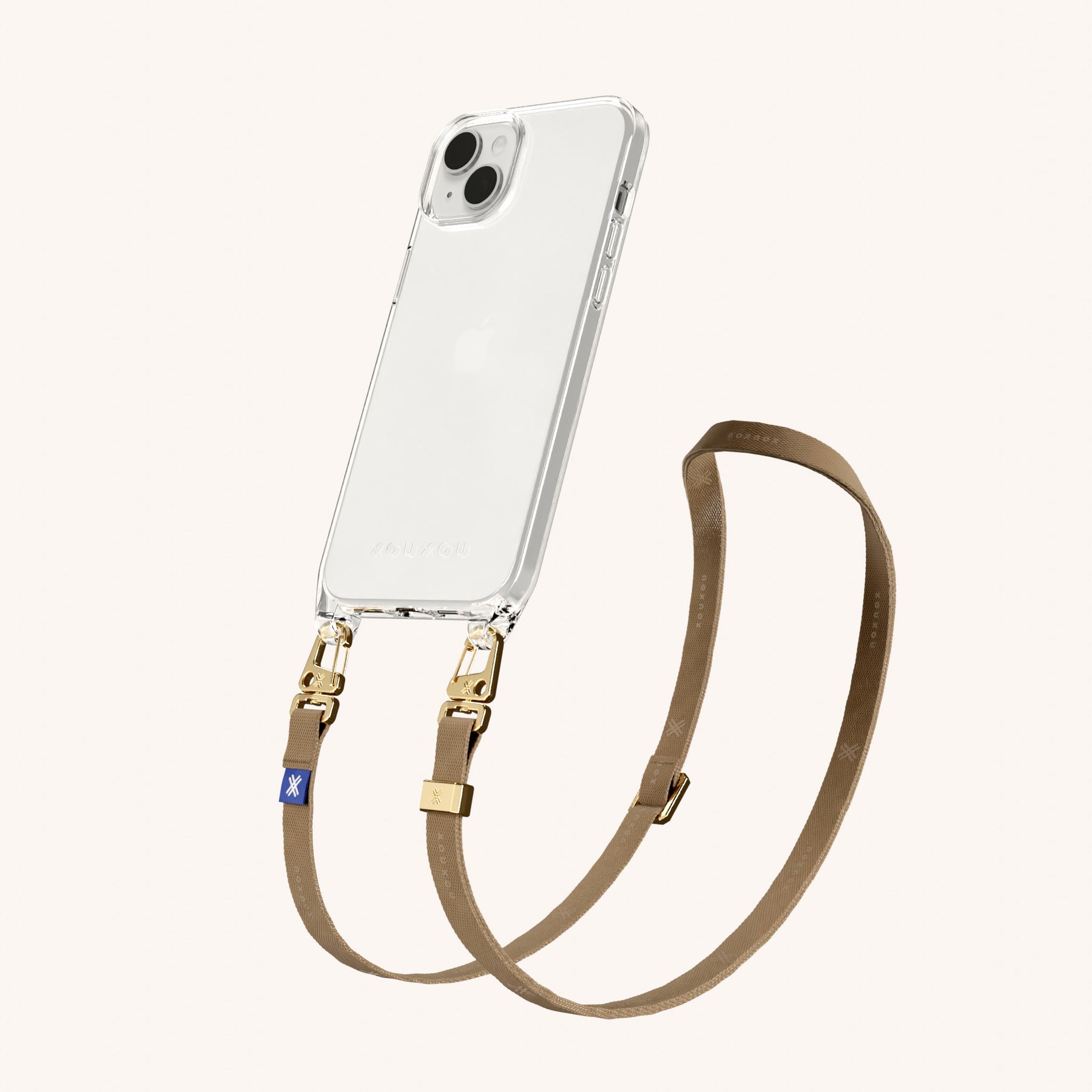 Handykette mit schmalem Gurt in Transparent + Taupe