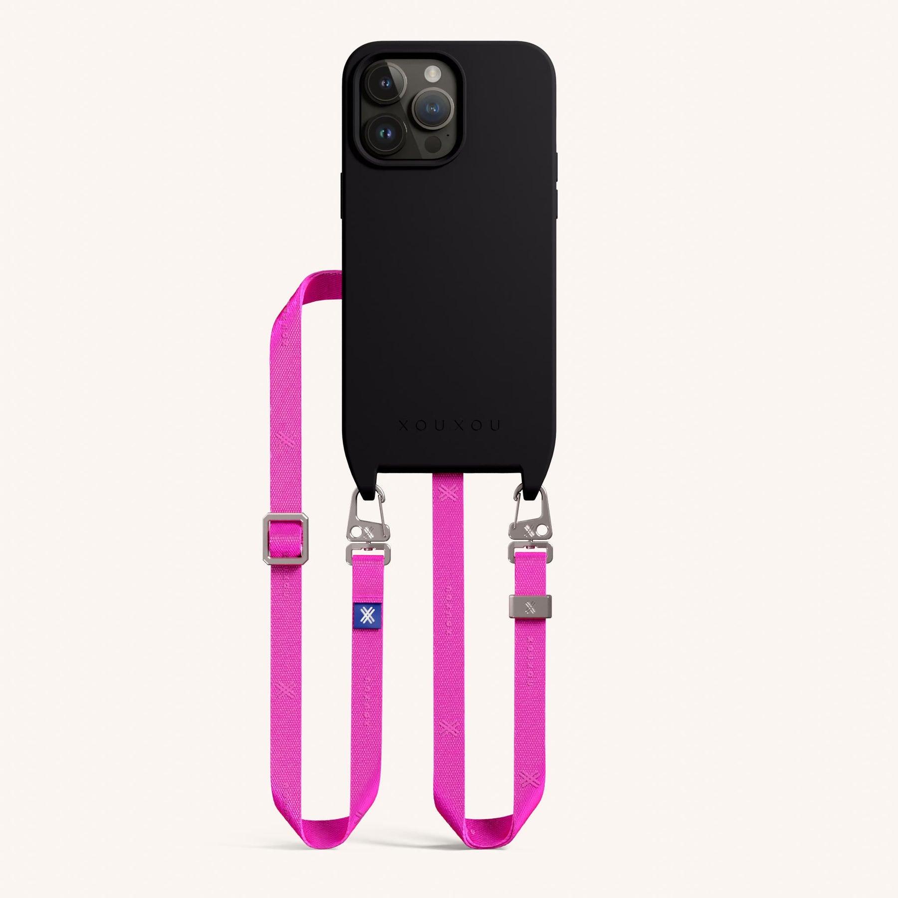 Phone Necklace with Slim Lanyard in Black + Neon Pink