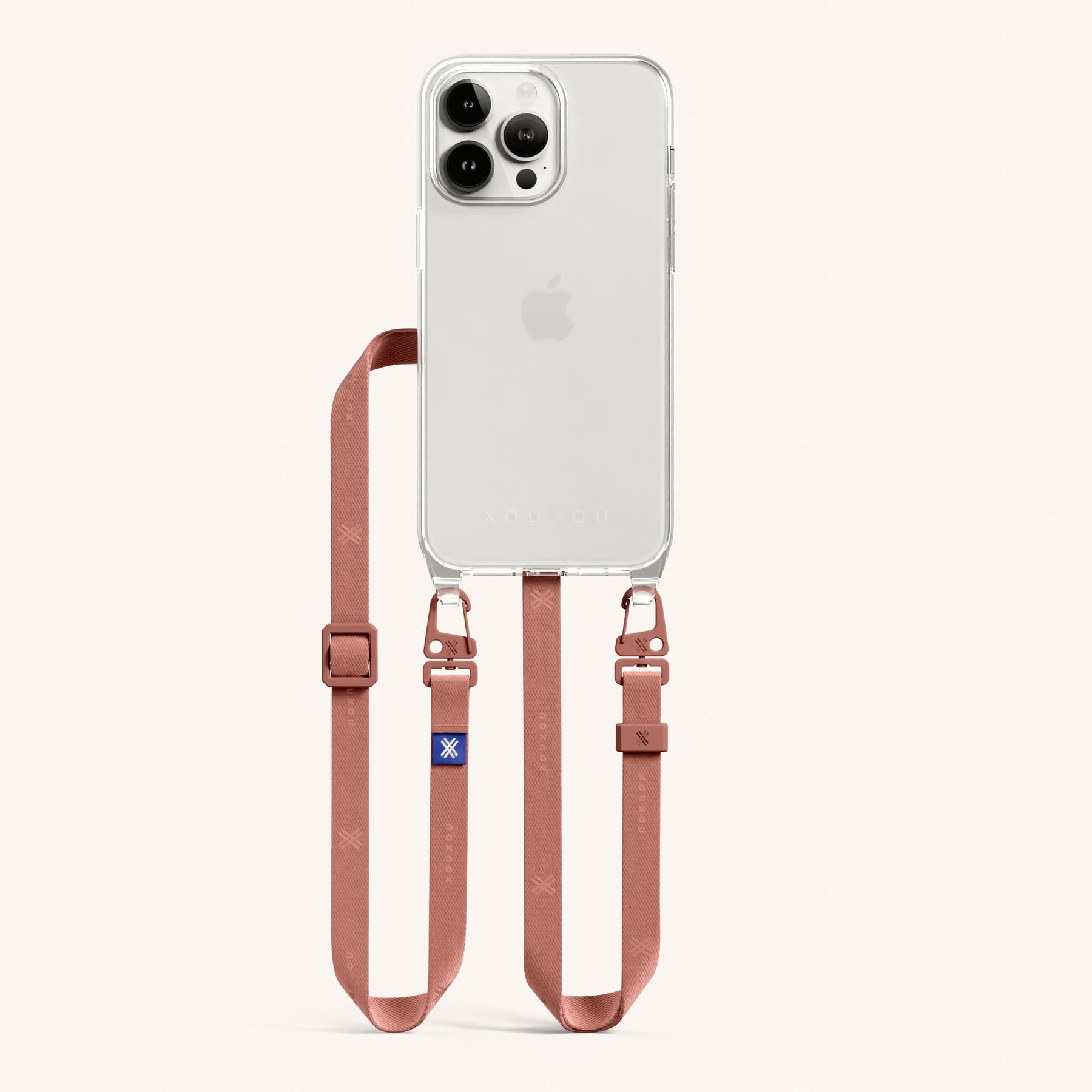 Handykette mit schmalem Gurt in Transparent + Terracotta