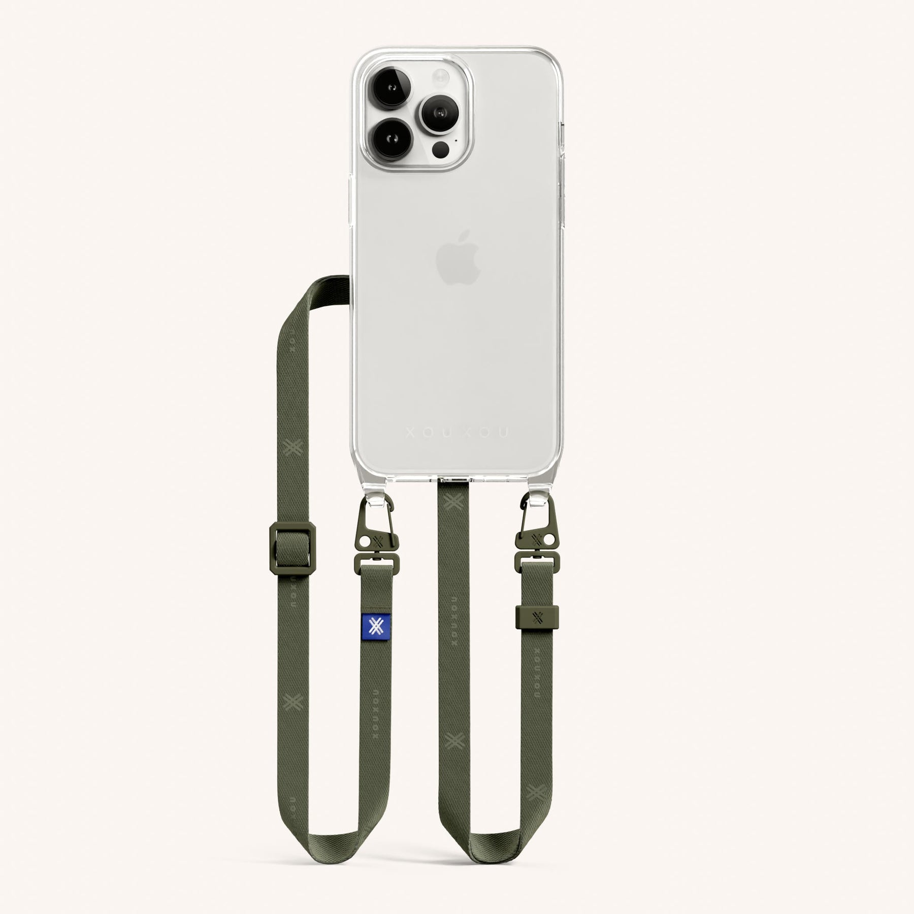 Handykette mit schmalem Gurt in Transparent + Moos