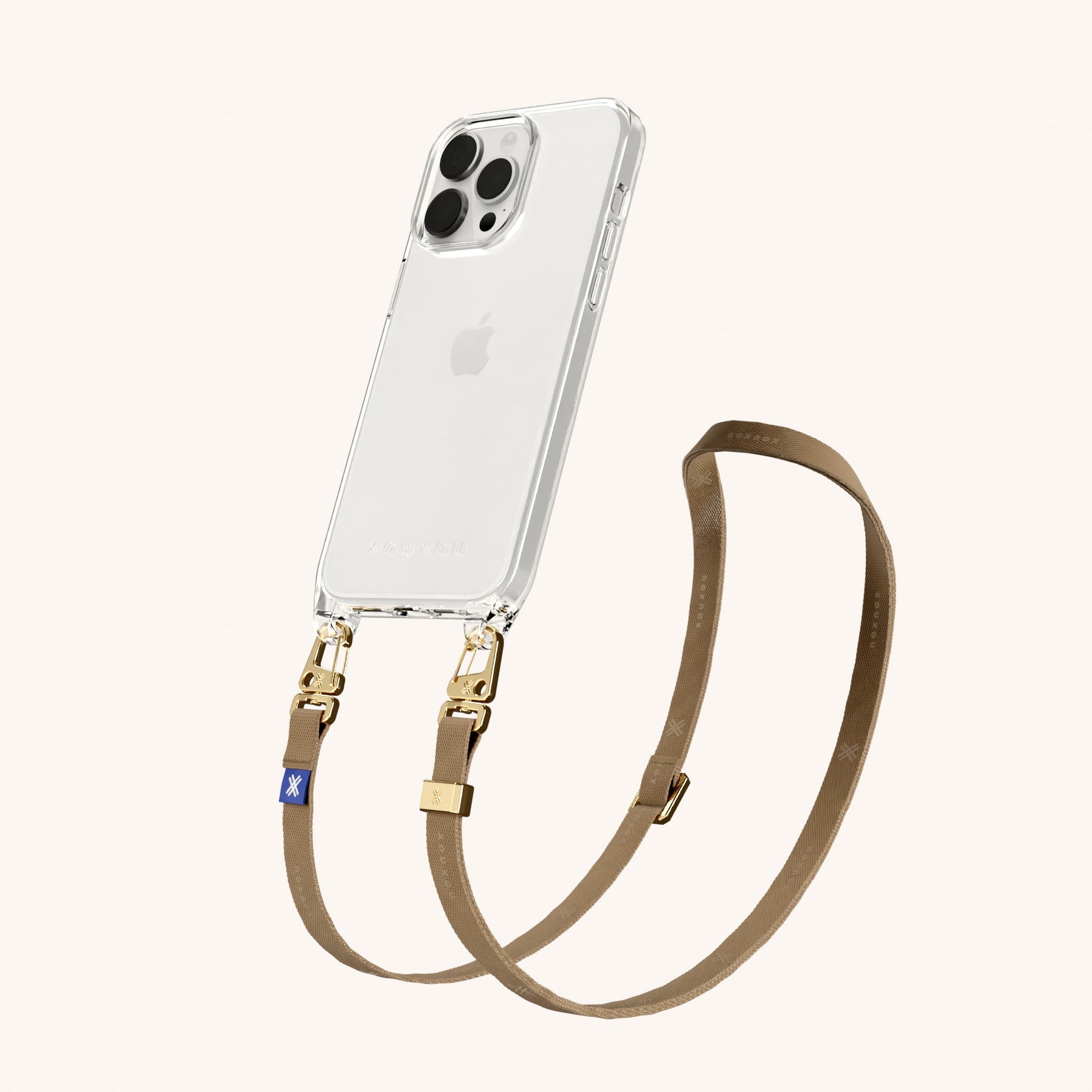 Handykette mit schmalem Gurt in Transparent + Taupe