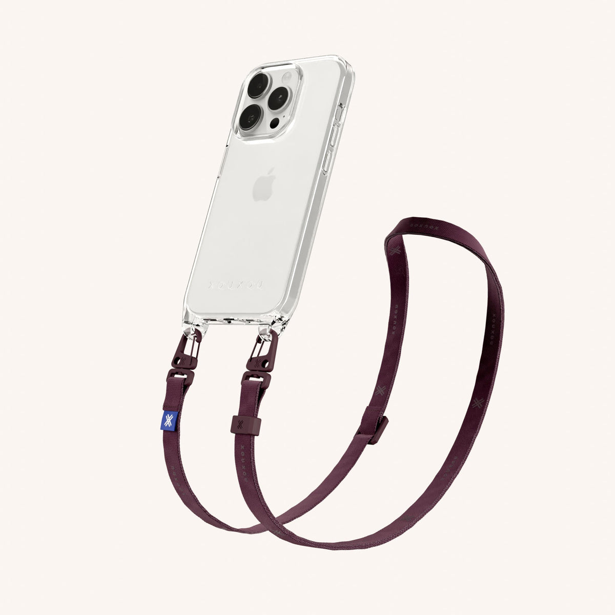 Clear Phone Necklace with Slim Lanyard for iPhone 15 Pro without MagSafe in Clear + Burgundy Perspective View | XOUXOU #phone model_iphone 15 pro