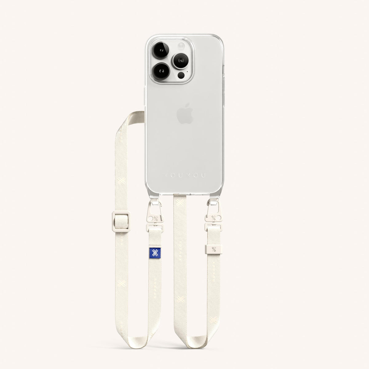 Clear Phone Necklace with Slim Lanyard for iPhone 15 Pro without MagSafe in Clear + Chalk Total View | XOUXOU #phone model_iphone 15 pro
