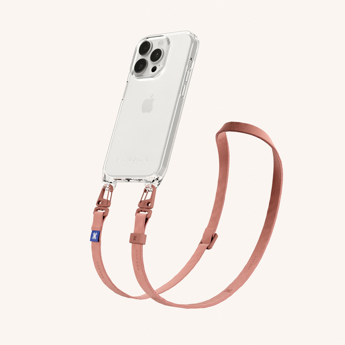 Clear Phone Necklace with Slim Lanyard for iPhone 15 Pro without MagSafe in Clear + Cotta Perspective View | XOUXOU #phone model_iphone 15 pro