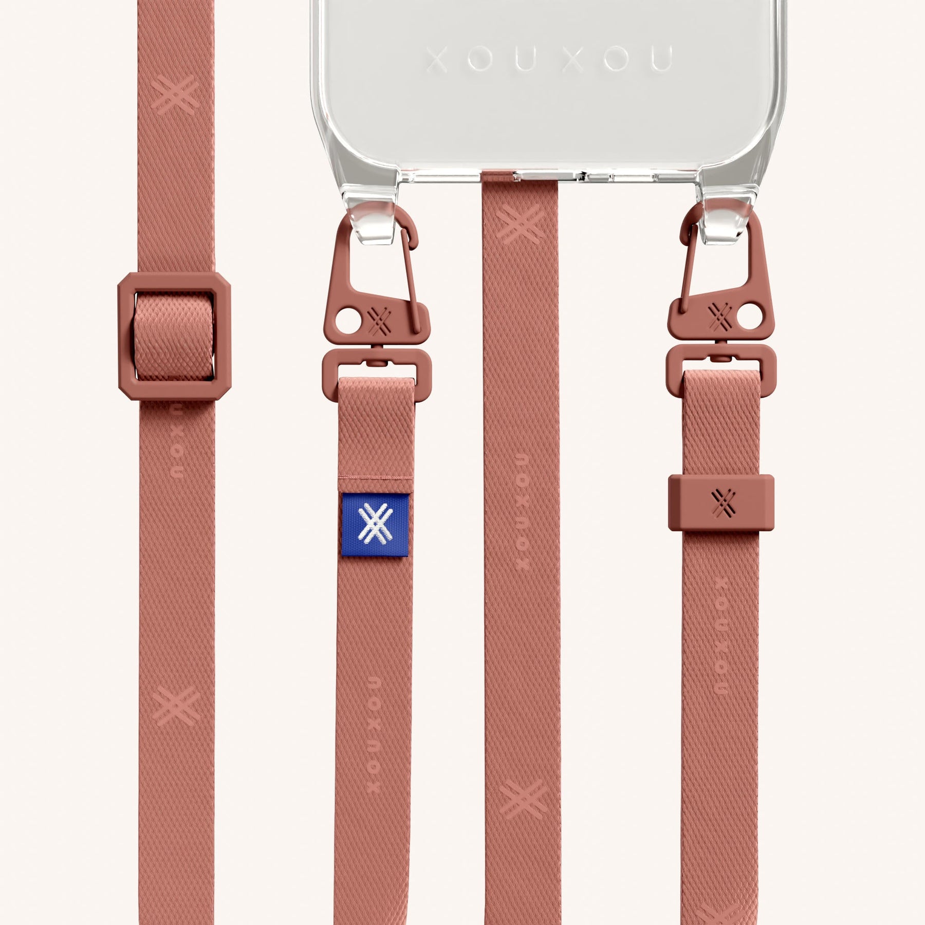 Handykette mit schmalem Gurt in Transparent + Terracotta