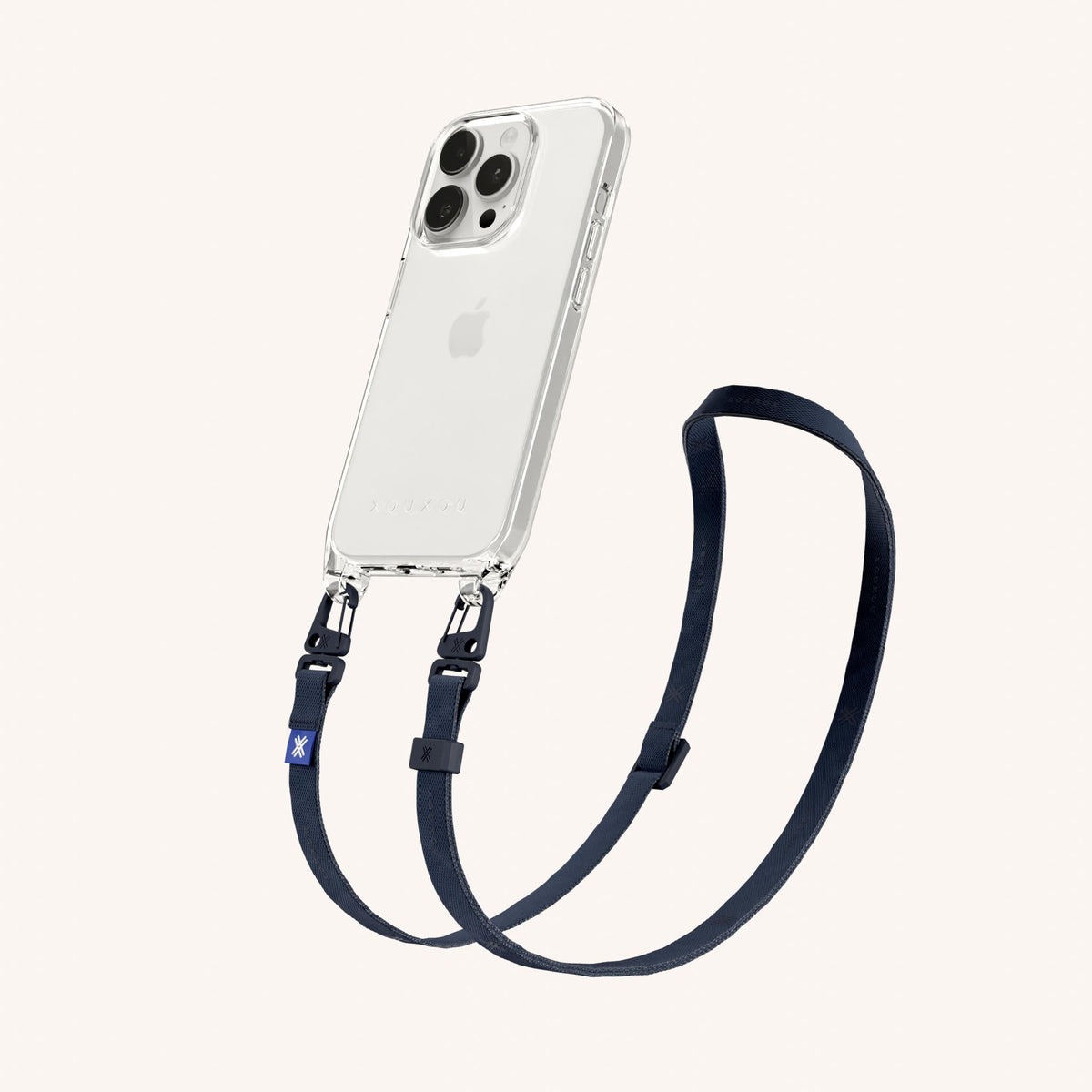 Clear Phone Necklace with Slim Lanyard for iPhone 15 Pro without MagSafe in Clear + Midnight Perspective View | XOUXOU #phone model_iphone 15 pro