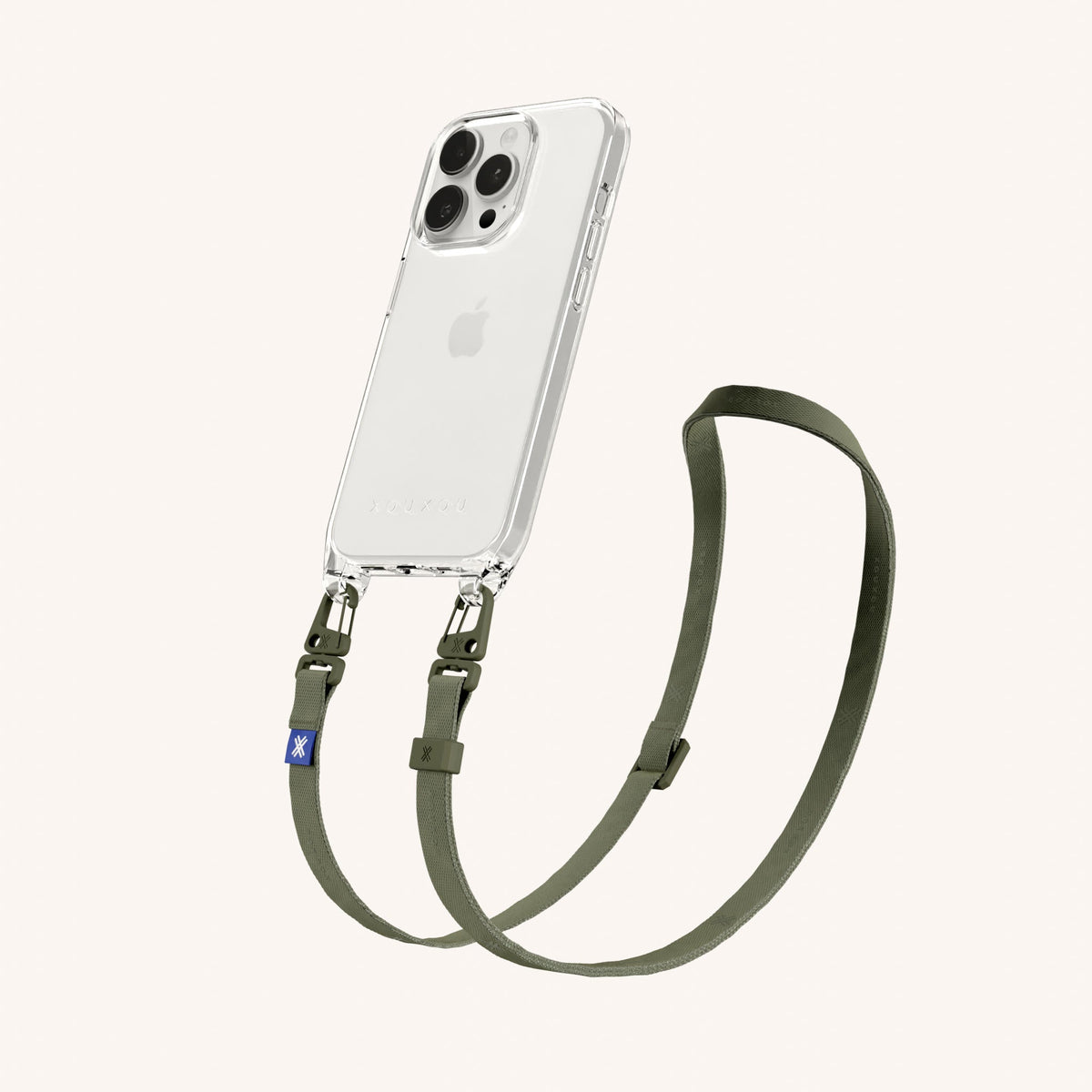 Clear Phone Necklace with Slim Lanyard for iPhone 15 Pro without MagSafe in Clear + Moss Perspective View | XOUXOU #phone model_iphone 15 pro