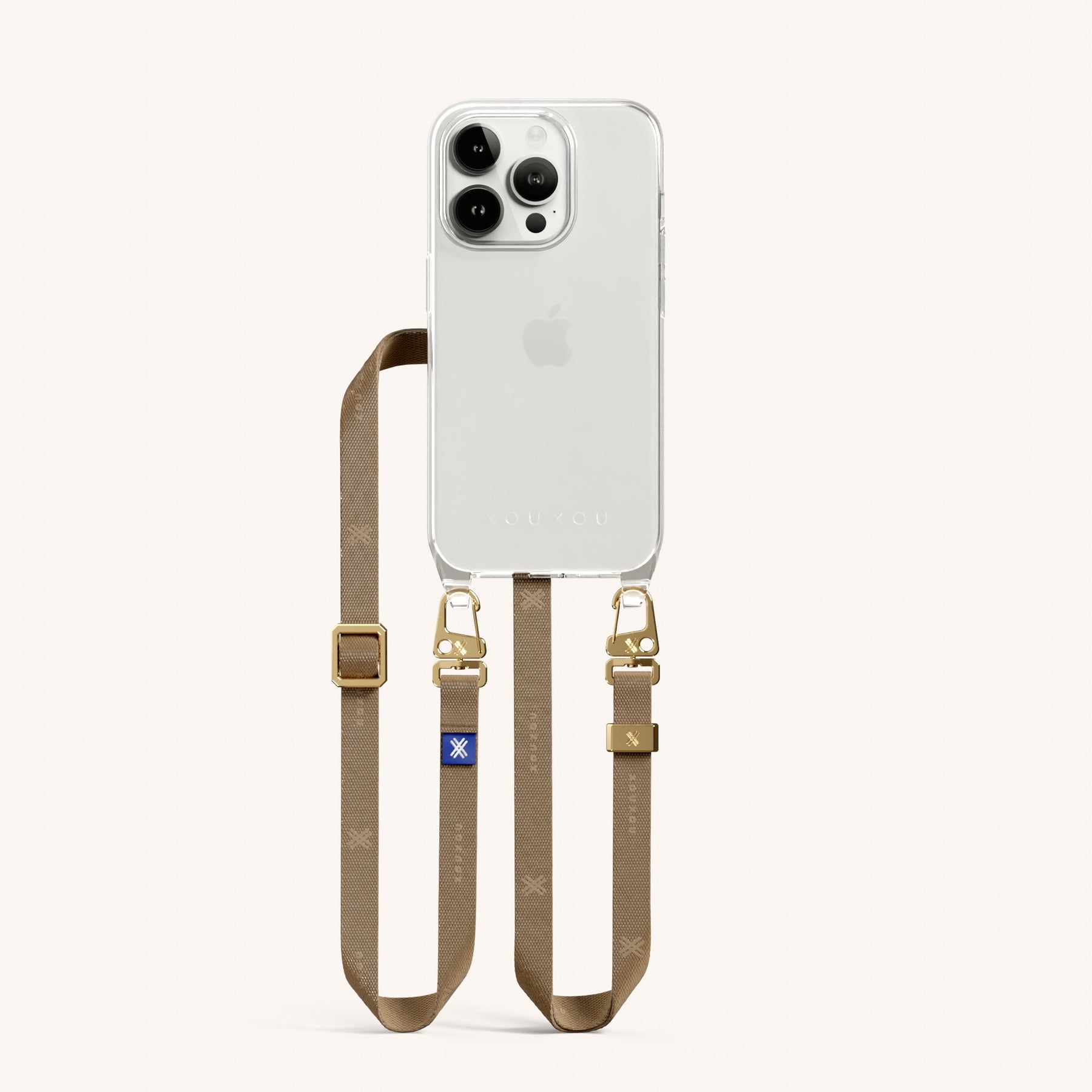 Handykette mit schmalem Gurt in Transparent + Taupe