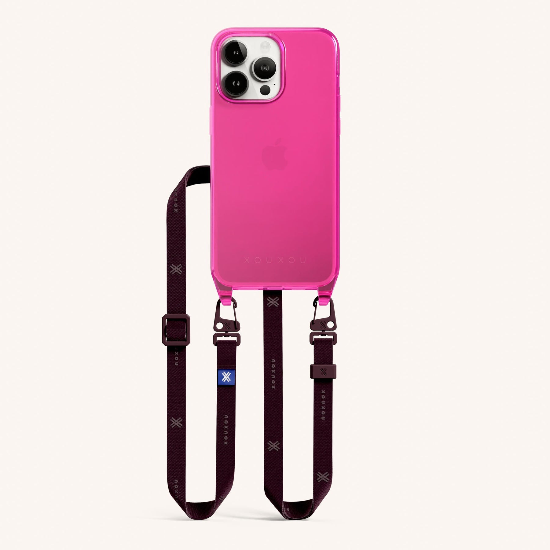 Phone Necklace with Slim Lanyard in Cyber Pink Clear + Burgundy