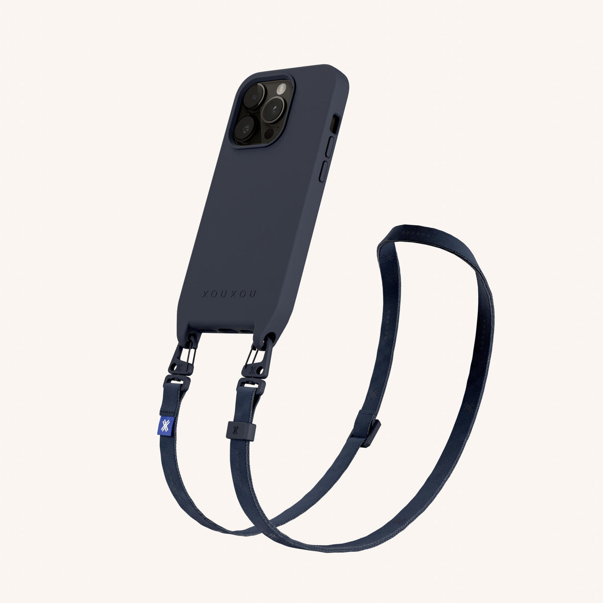 Phone Necklace with Slim Lanyard for iPhone 15 Pro without MagSafe in Midnight Perspective View | XOUXOU #phone model_iphone 15 pro