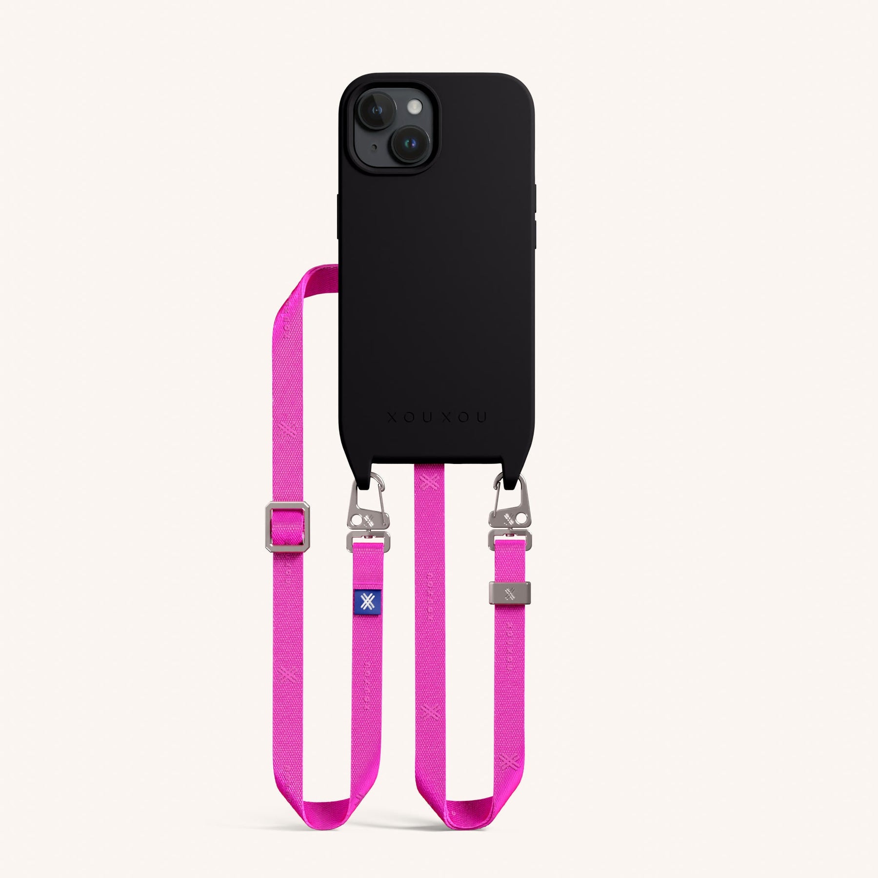 Phone Necklace with Slim Lanyard in Black + Neon Pink