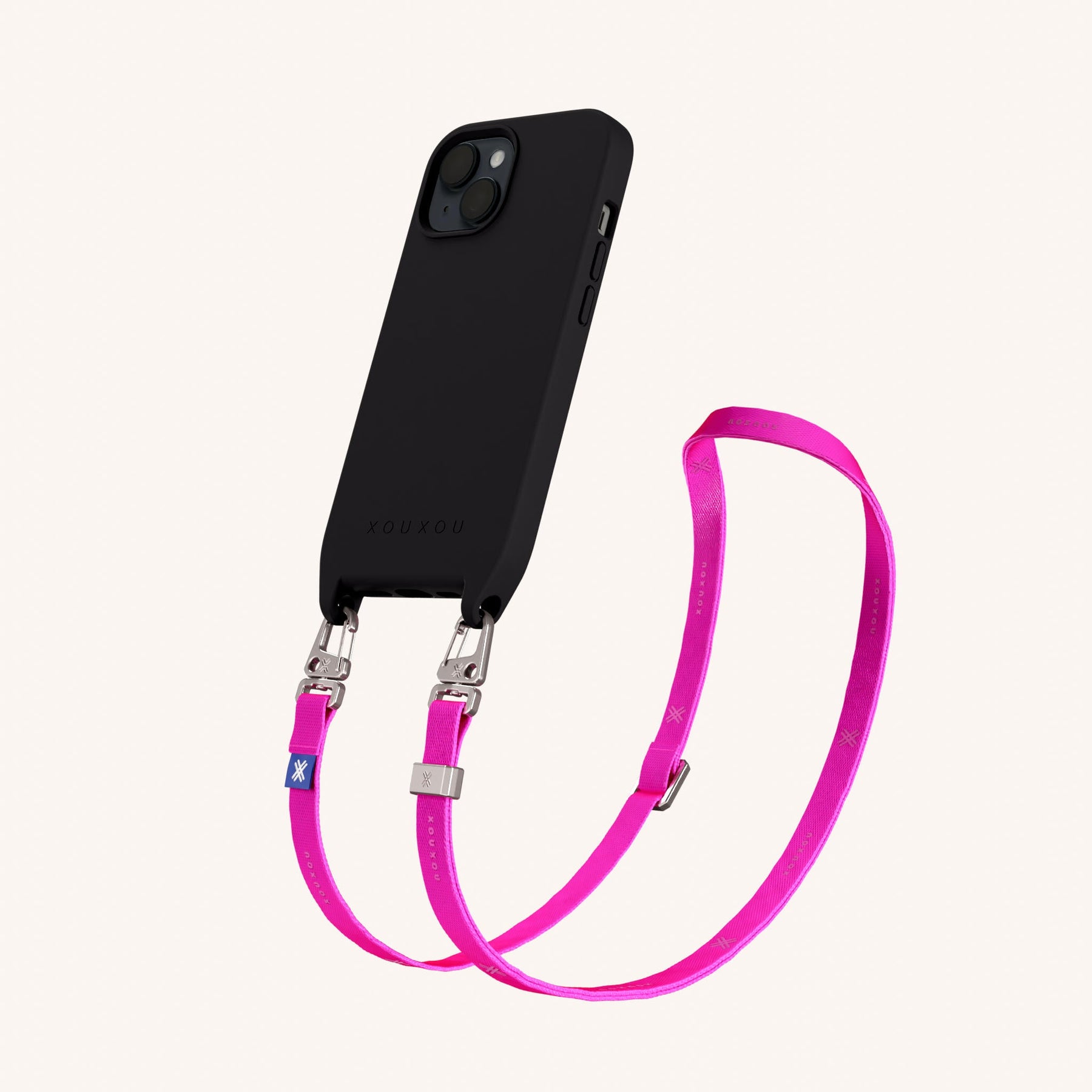 Phone Necklace with Slim Lanyard in Black + Neon Pink