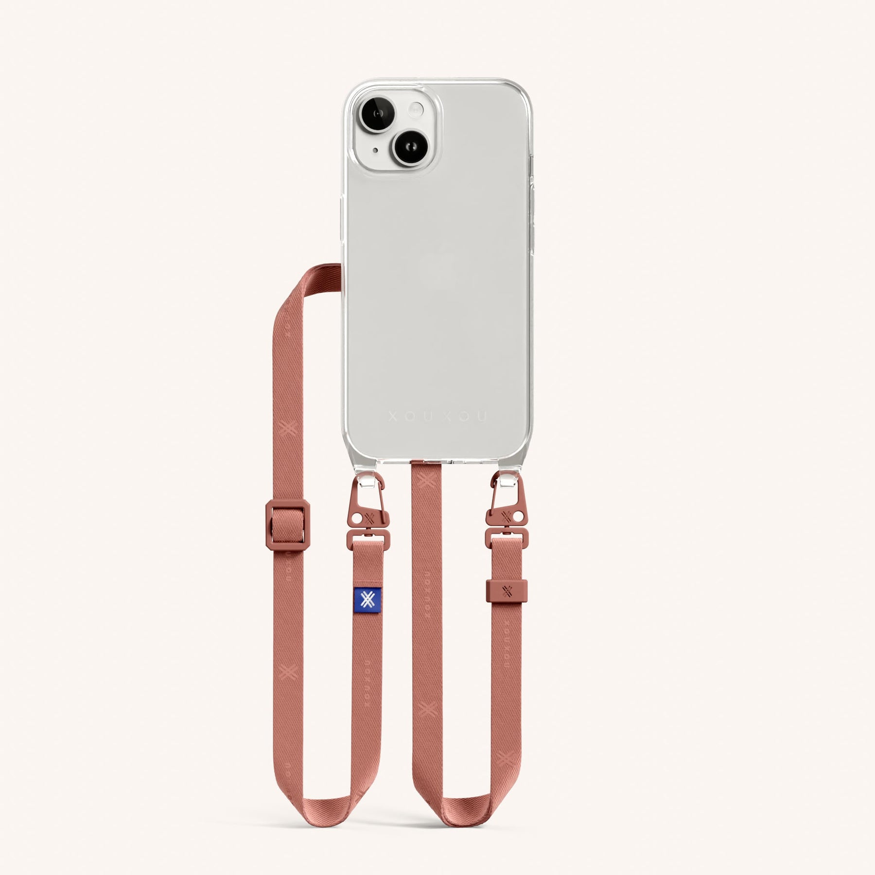 Handykette mit schmalem Gurt in Transparent + Terracotta