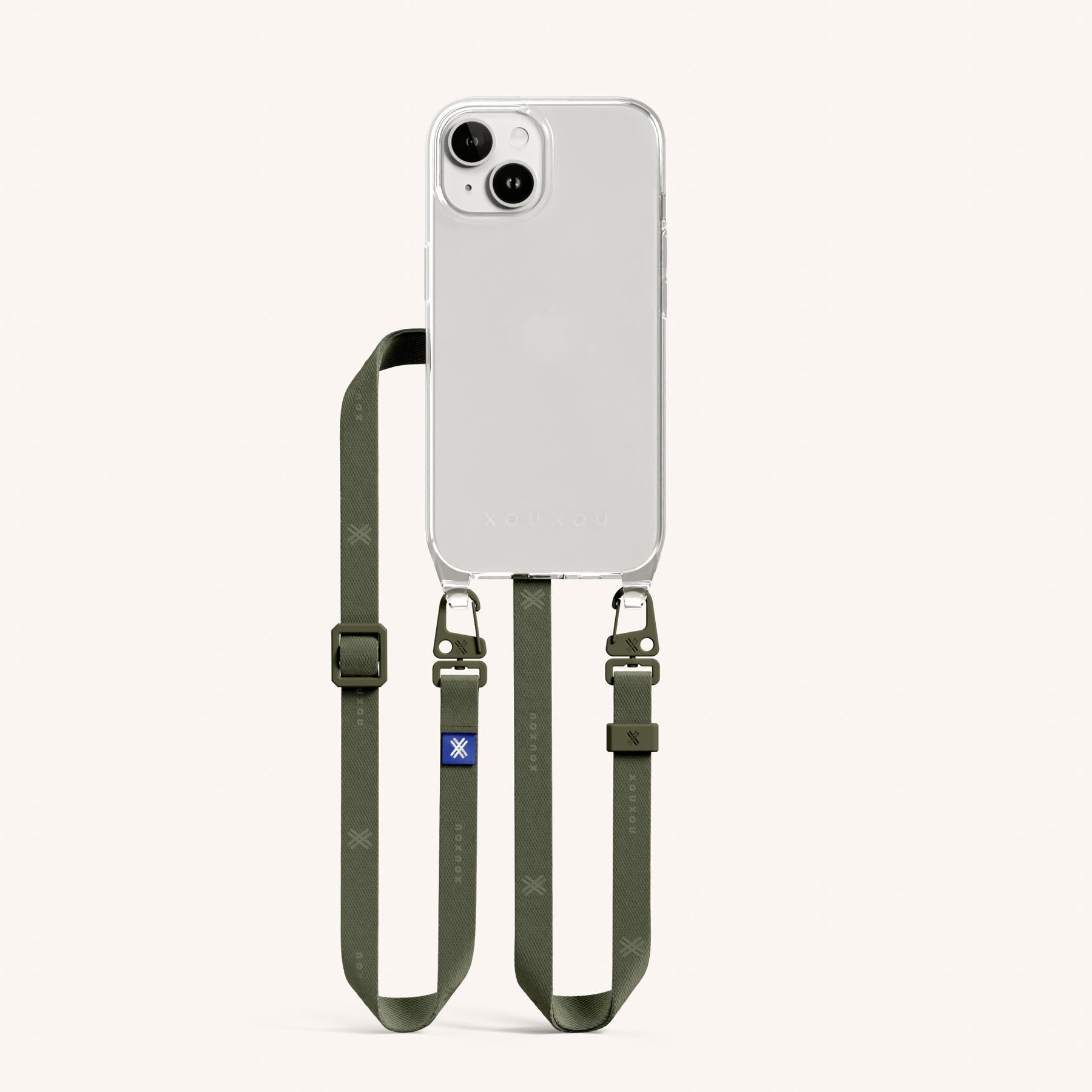 Handykette mit schmalem Gurt in Transparent + Moos